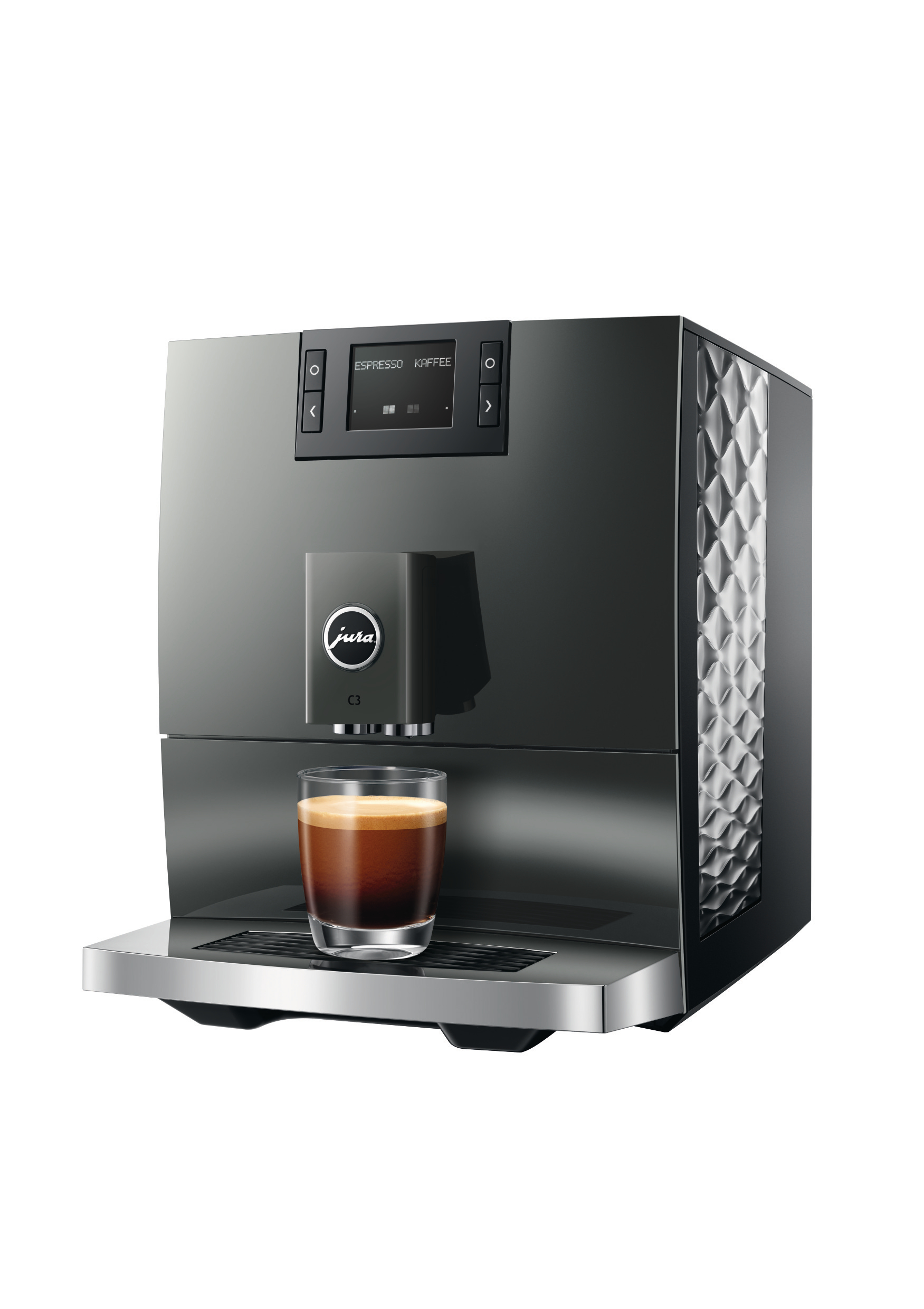 Eine graue Jura Kaffeemaschine mit einem Glas Espresso auf der Abtropffläche.