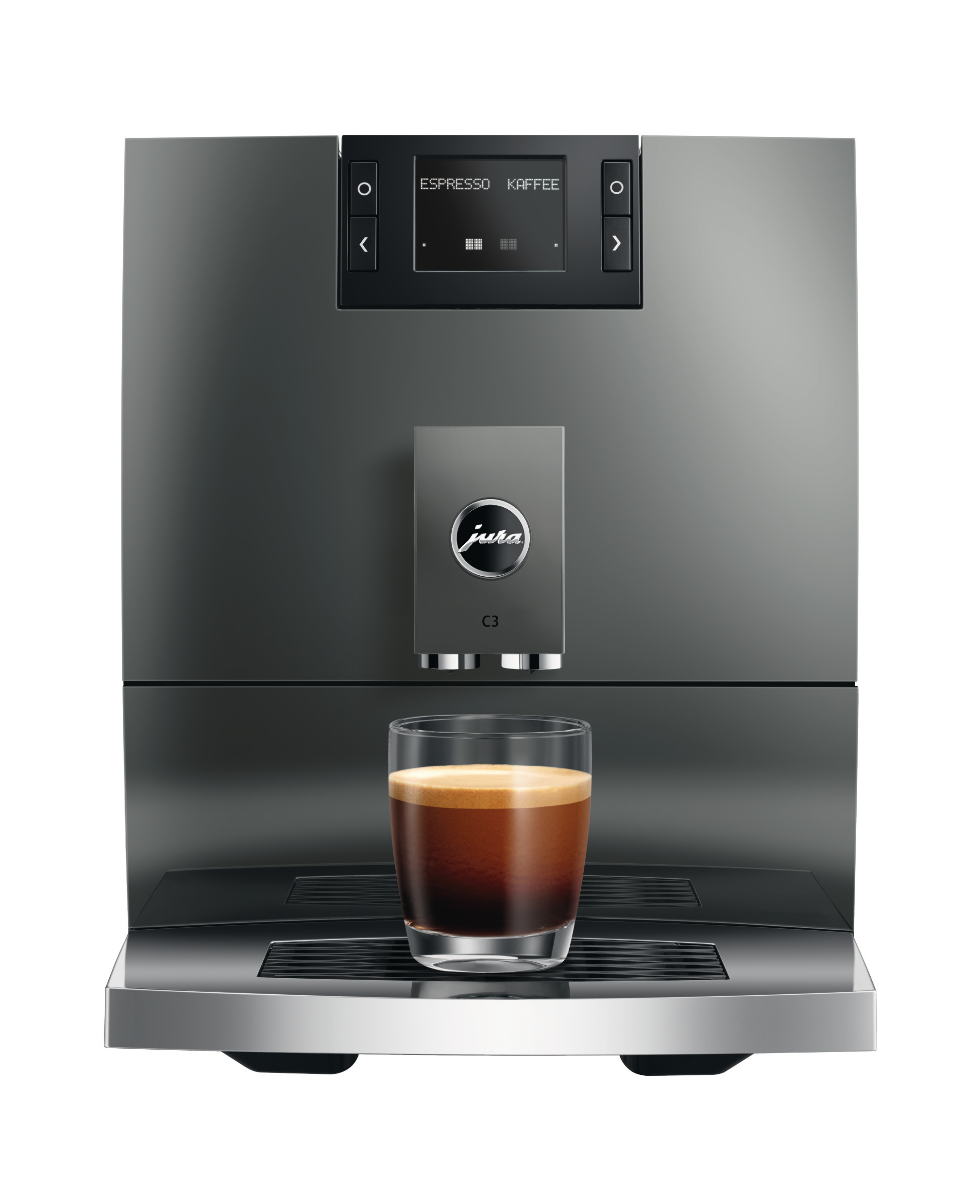 Graue Kaffeemaschine mit einem Glas Espresso darauf.