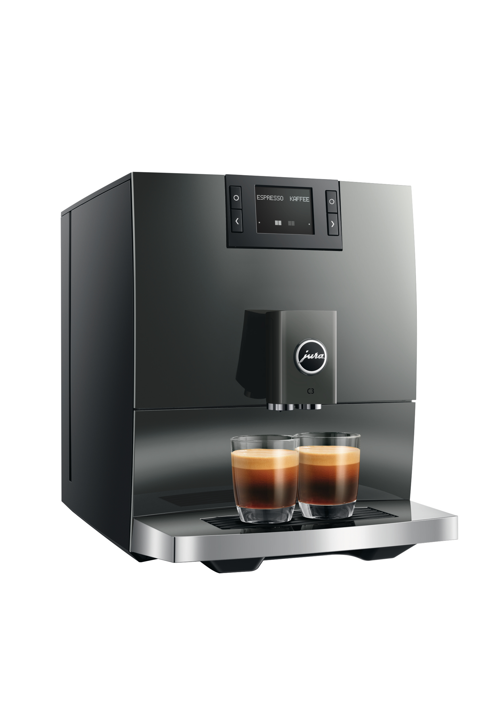 Eine schwarze Kaffeemaschine mit zwei Espressogläsern auf der Tropfschale.