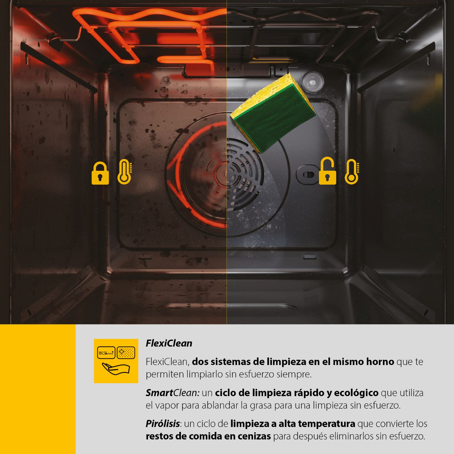 Horno dividido: lado izquierdo sucio, lado derecho limpio con esponja.