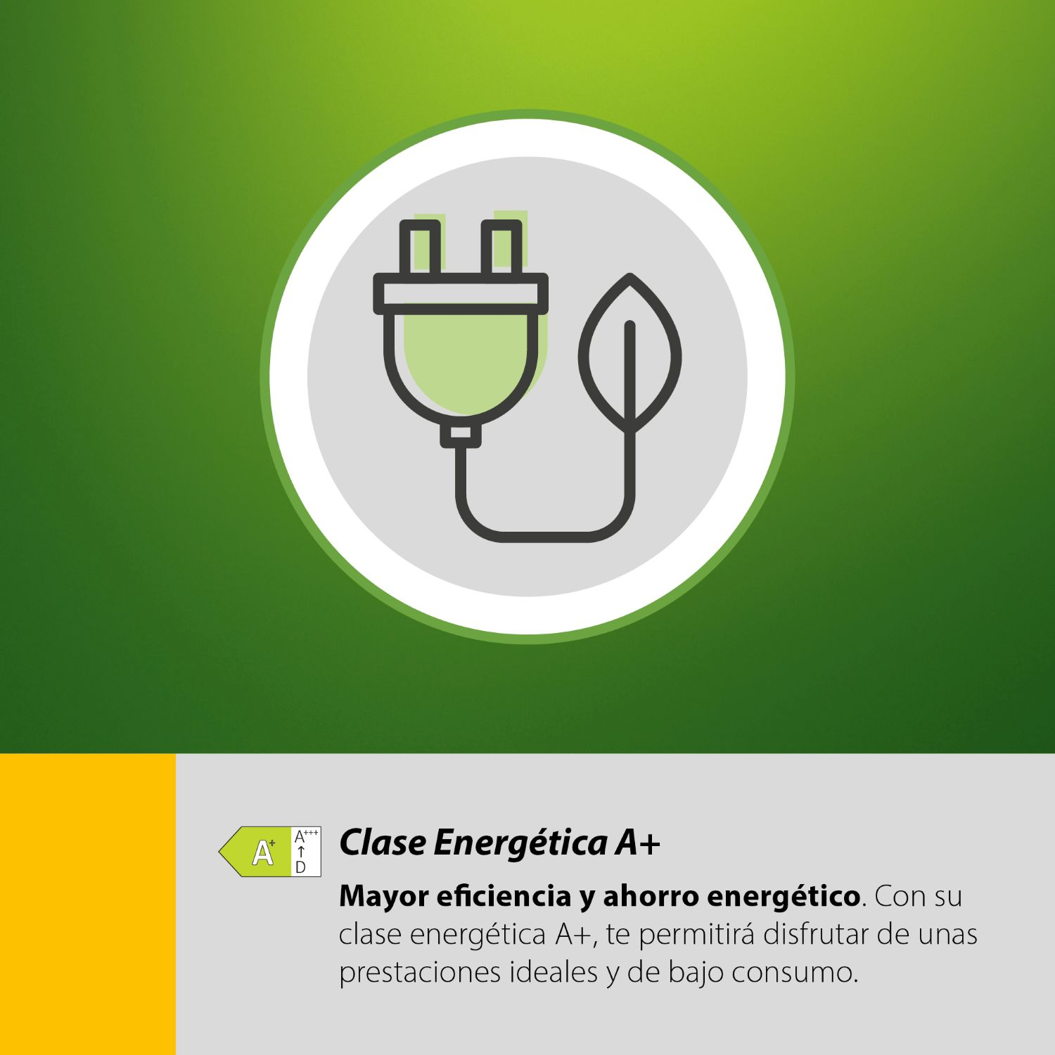 Símbolo de eficiencia energética: enchufe y hoja. Clase A+.