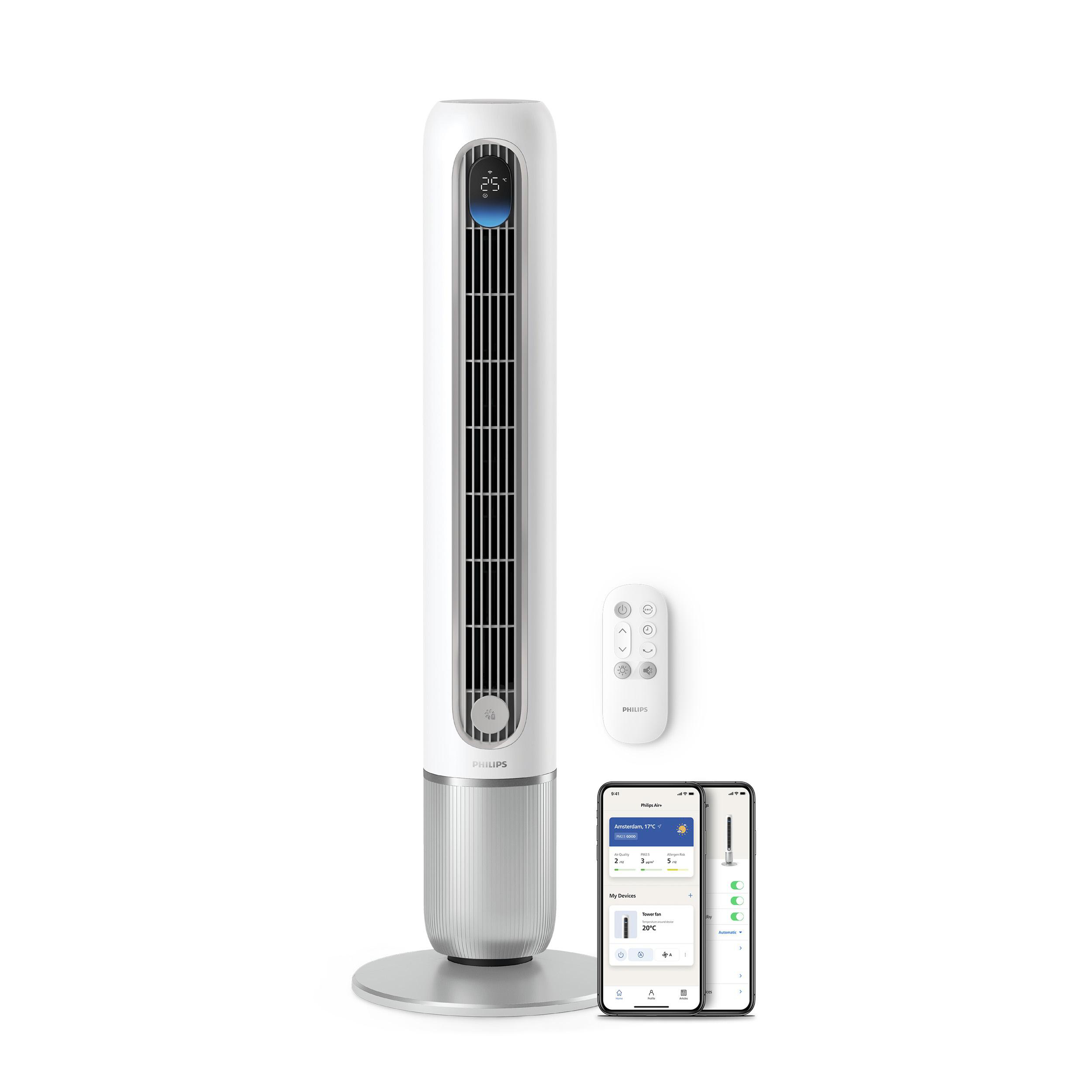 Ein weißer Turmventilator mit Fernbedienung und Smartphone-App.