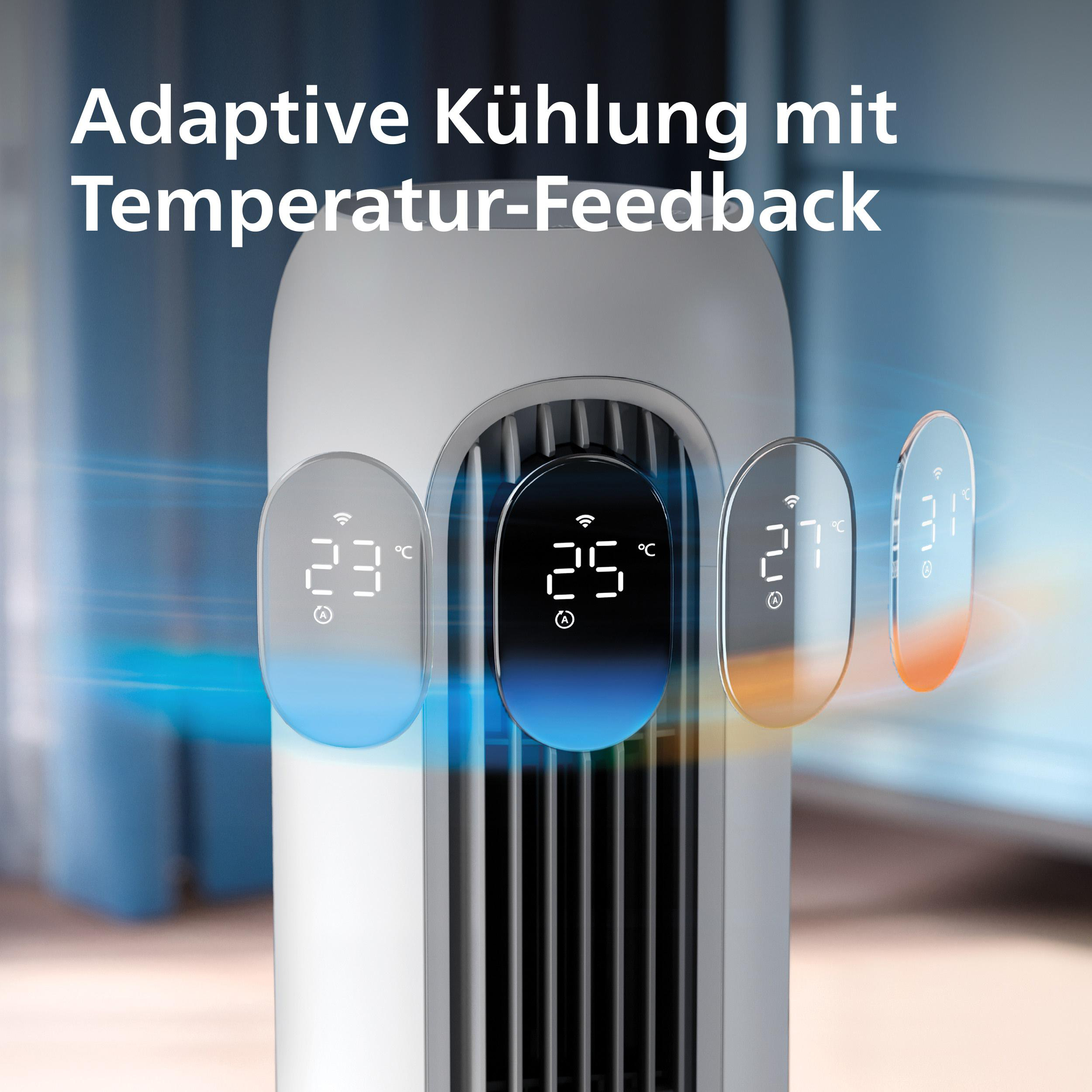 Ein weißer Turmventilator mit digitalen Anzeigen für Temperatur und WLAN.