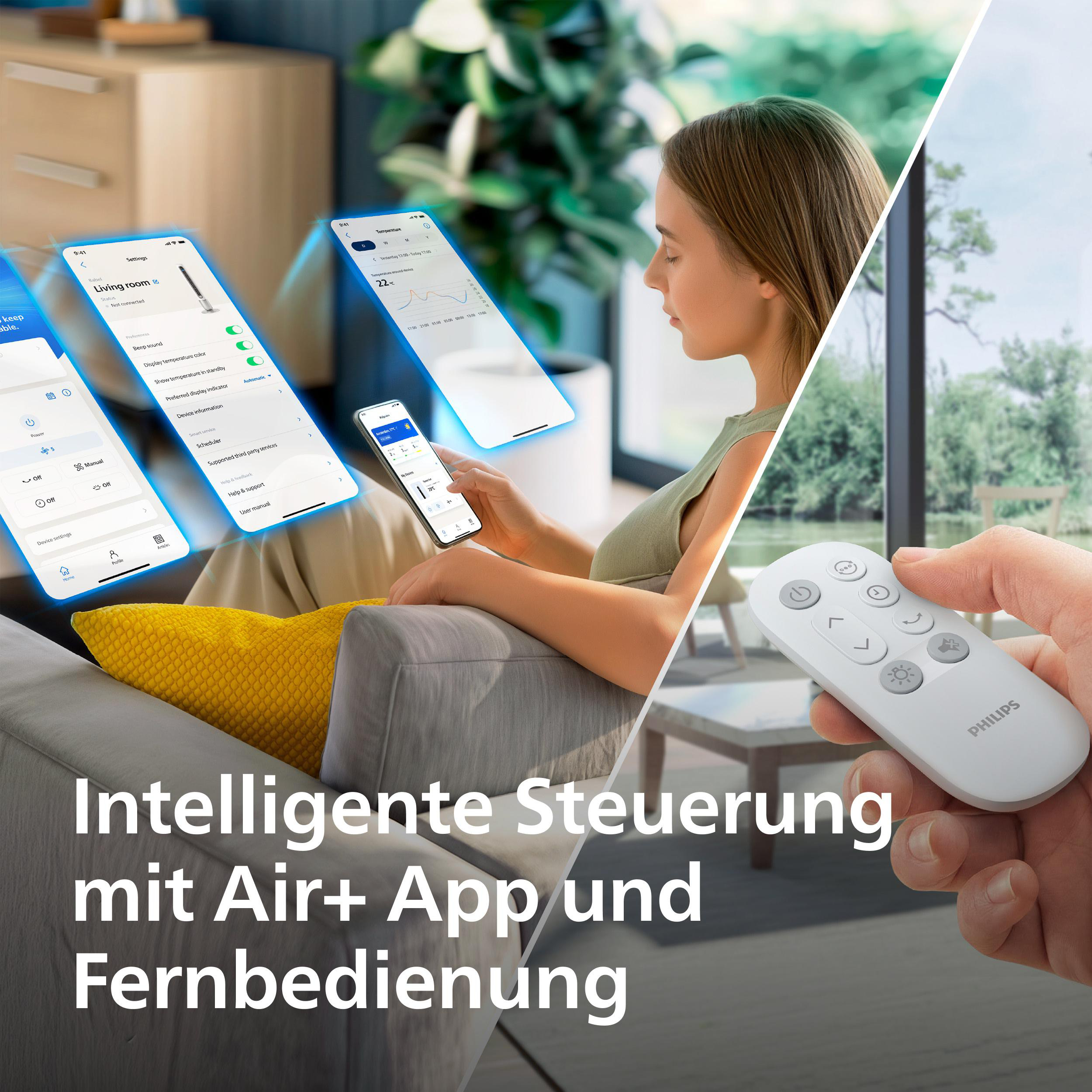 Eine Frau benutzt eine Fernbedienung und ein Smartphone zur Steuerung eines Geräts.