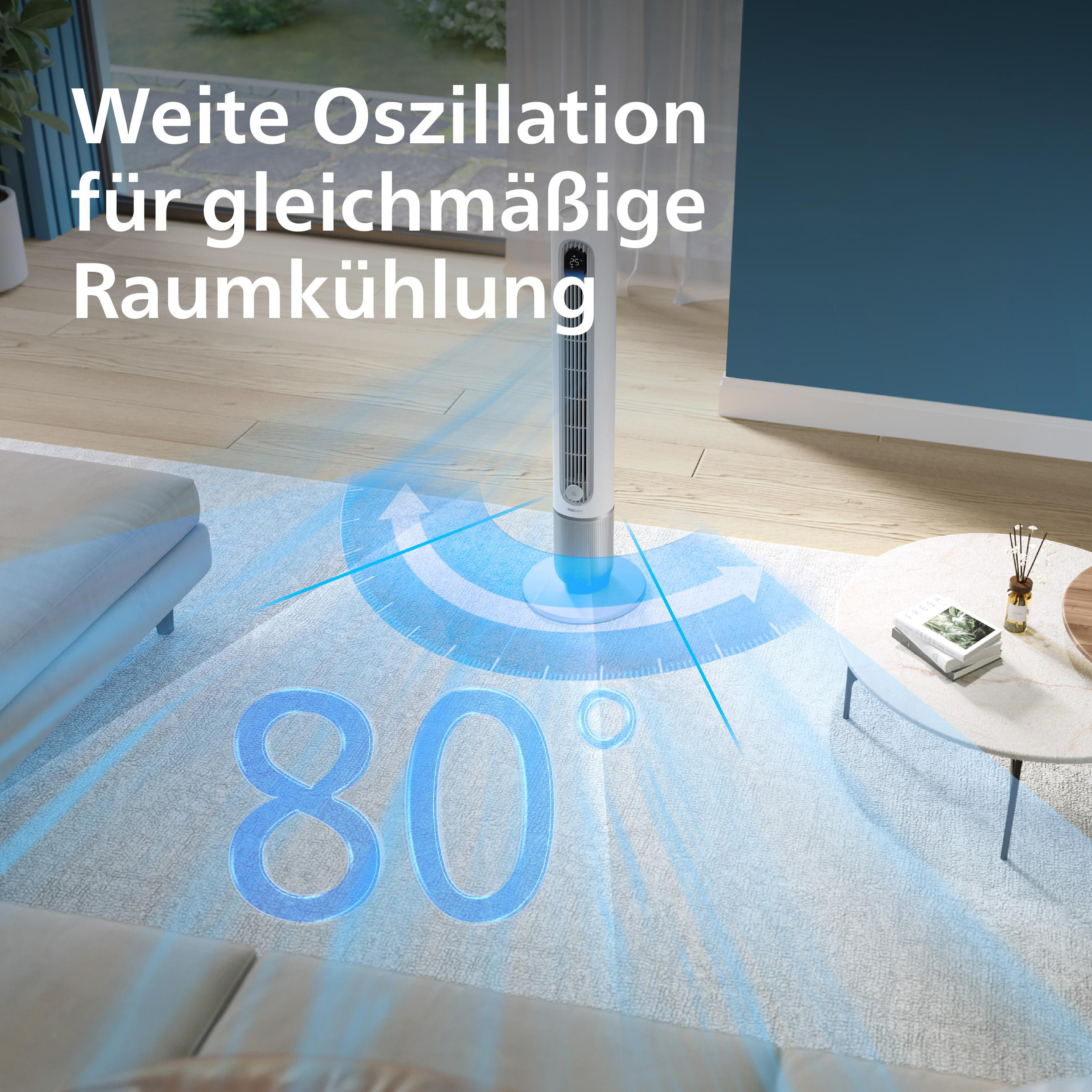 Ein Turmventilator oszilliert um 80 Grad, um einen Raum zu kühlen.