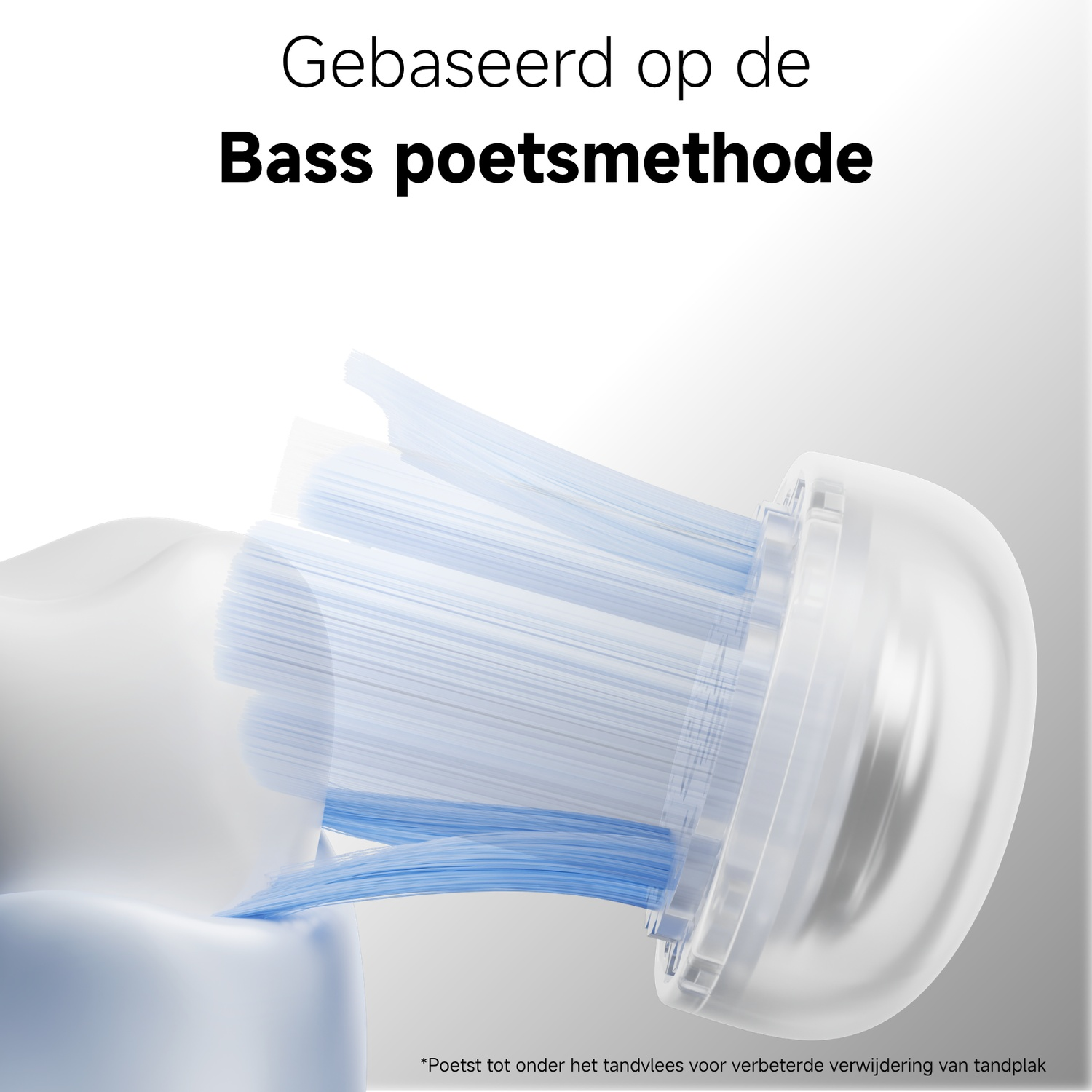 Elektrische tandenborstelkop met blauwe borstels reinigt tanden en tandvlees.