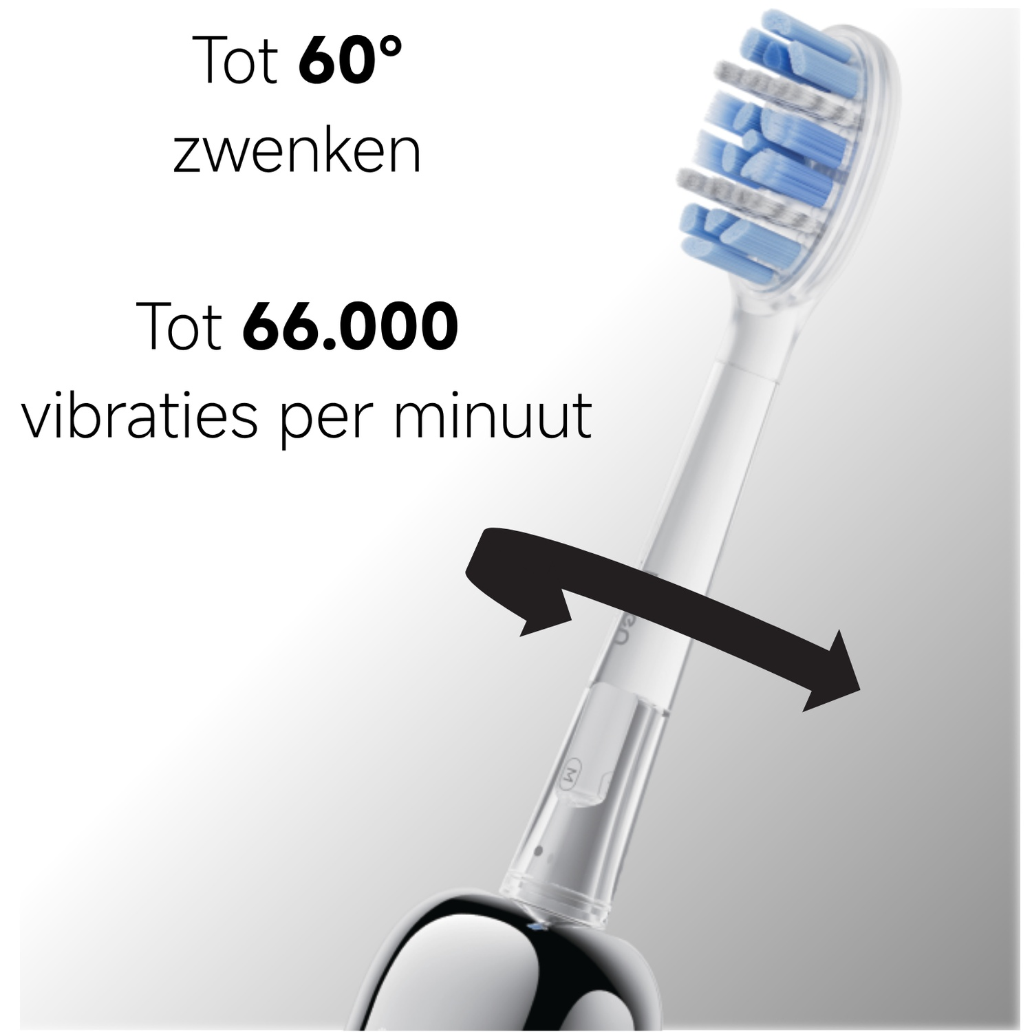 Elektrische tandenborstel met blauw-grijze borstels, zwenkt tot 60°.