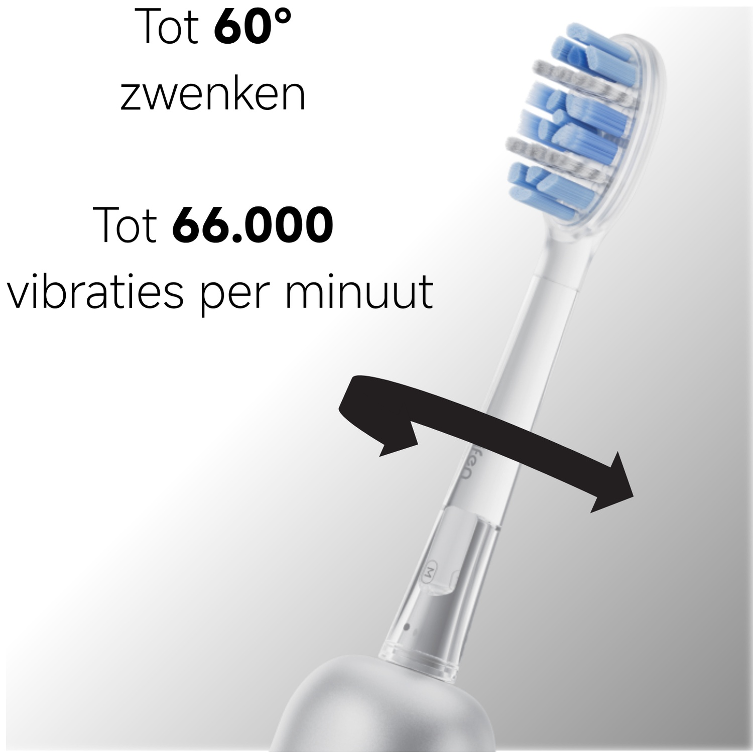 Elektrische tandenborstel met blauw-witte borstels en vibratie-indicator.