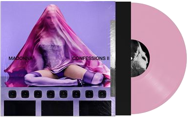 Madonna drapée de tissu rose, assise sur des haut-parleurs. Vinyle rose.