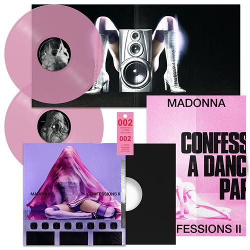 Pochette d'album de Madonna avec vinyle rose, haut-parleur et jambes en bottes.