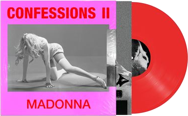 Vinyle "Confessions II" de Madonna: Pochette rose photo N&B, disque rouge.