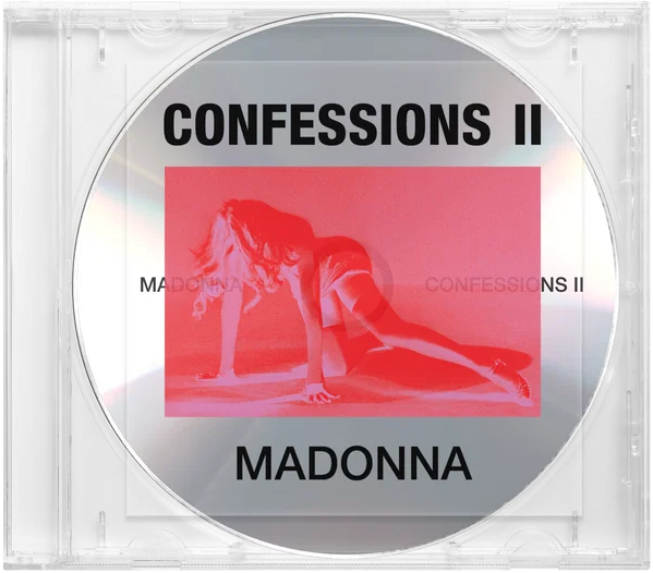 Couverture de CD avec Madonna en pose rouge, intitulée 'Confessions II'