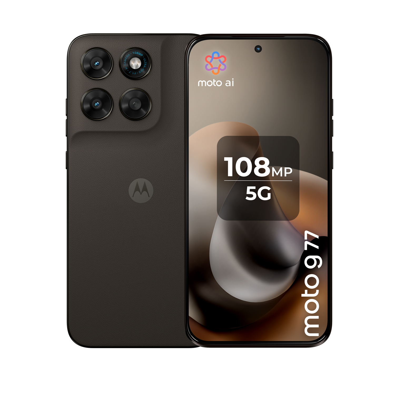 Motorola Moto 97 oscuro con 108MP y 5G. Parte trasera con cuatro cámaras.