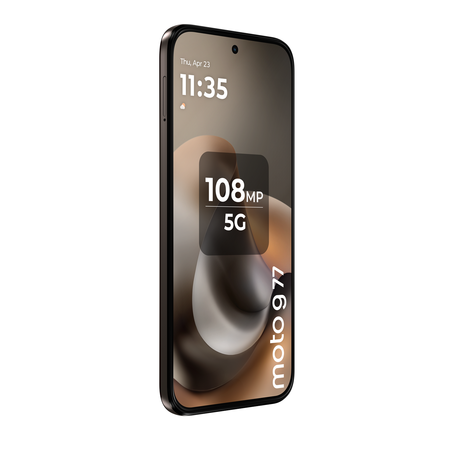 Un smartphone Moto G77 con 108MP y 5G se muestra sobre fondo gris.