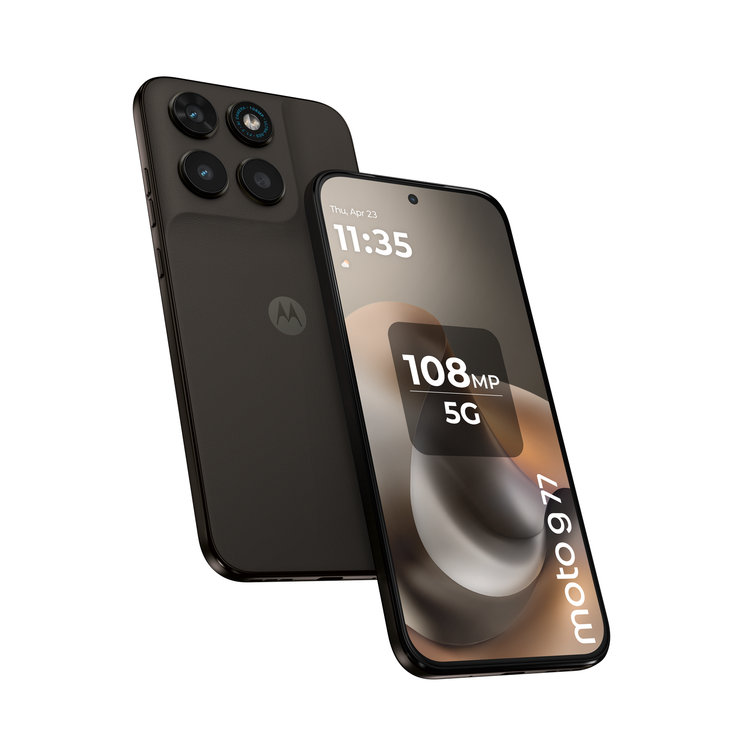 Un smartphone Motorola Moto G 97 oscuro con cámara triple en la parte trasera.