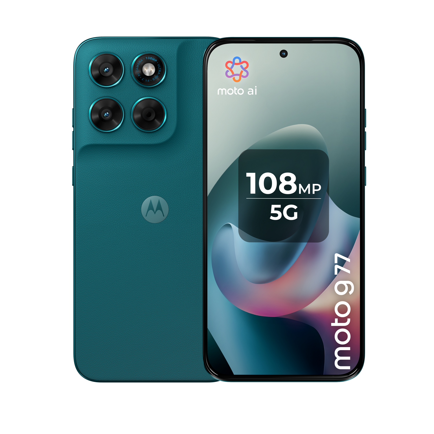 Un smartphone Motorola Moto G 77 5G turquesa con cámara de 108MP.