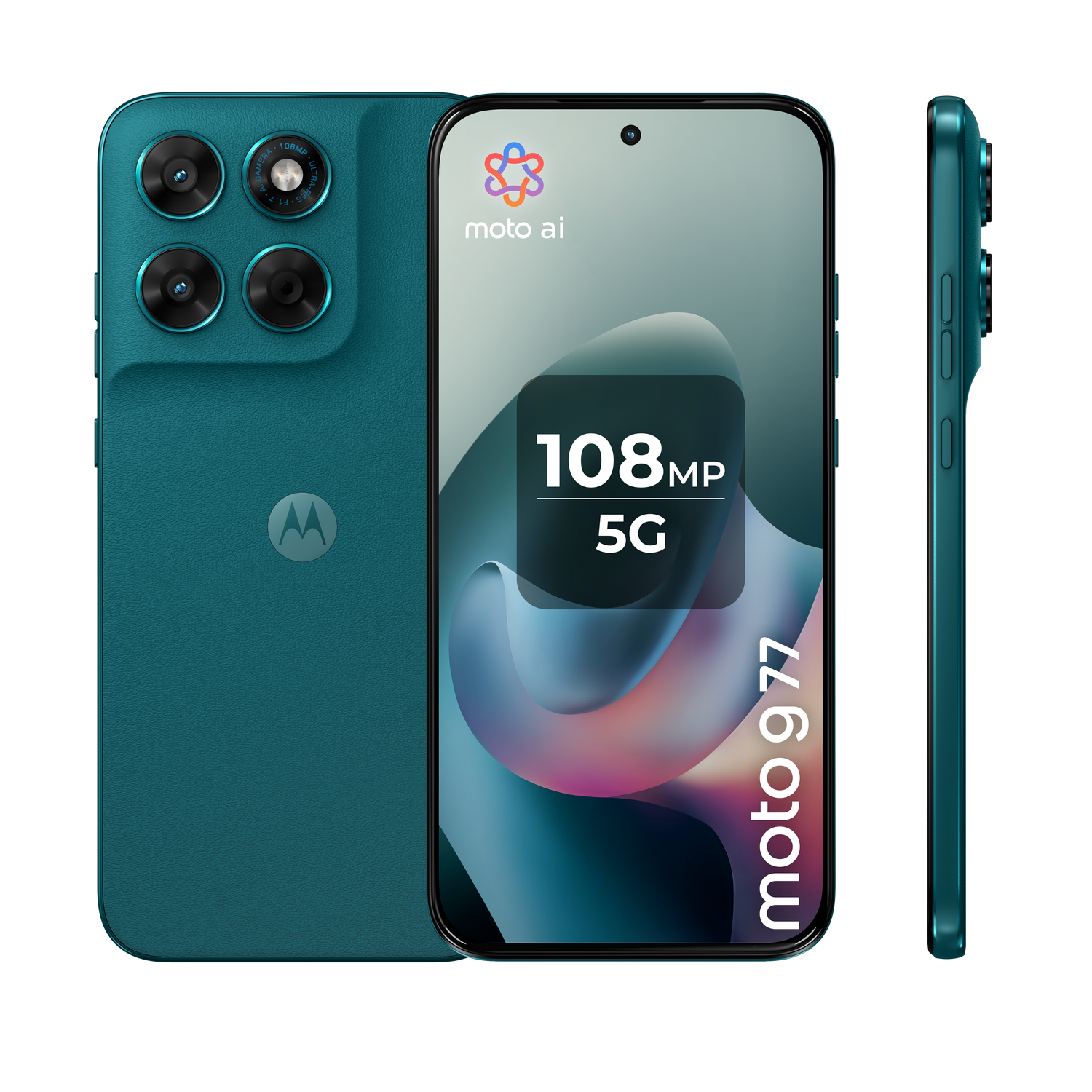 Motorola 977 azul verdoso con cámara de 108MP y 5G.
