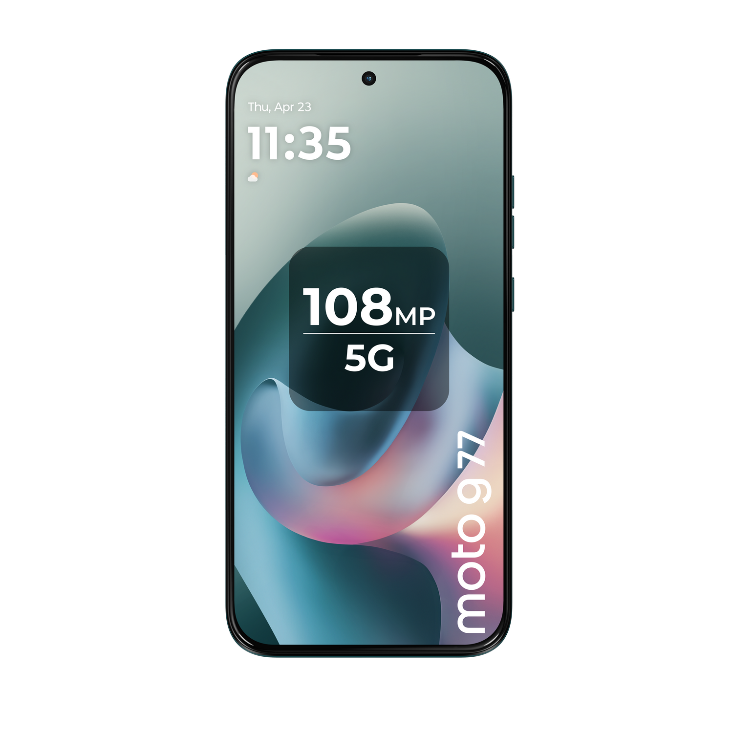 Un smartphone que muestra 'moto g77', 108MP, 5G y la hora 11:35.