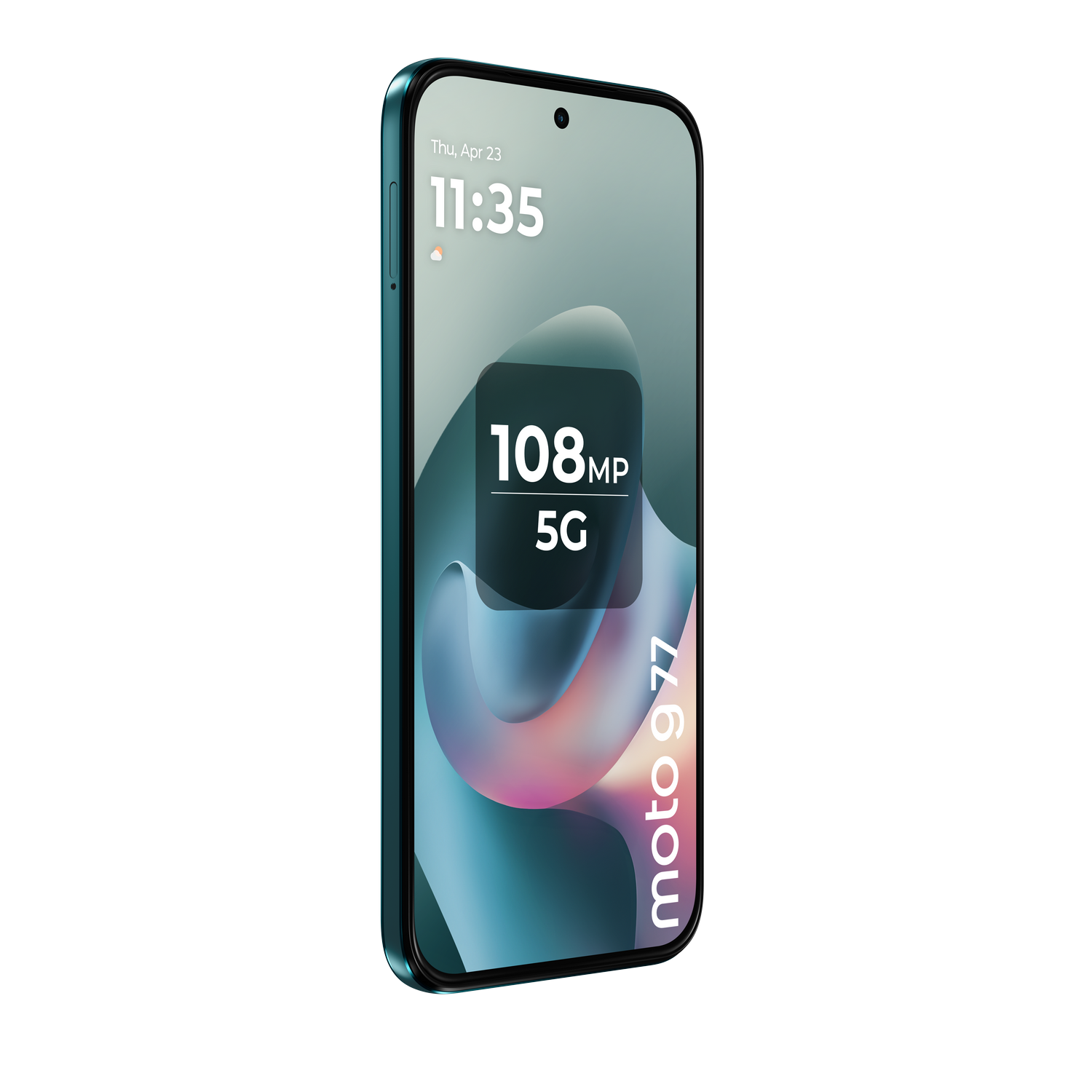 Un smartphone azul muestra 108MP y 5G. "moto g77" aparece verticalmente.