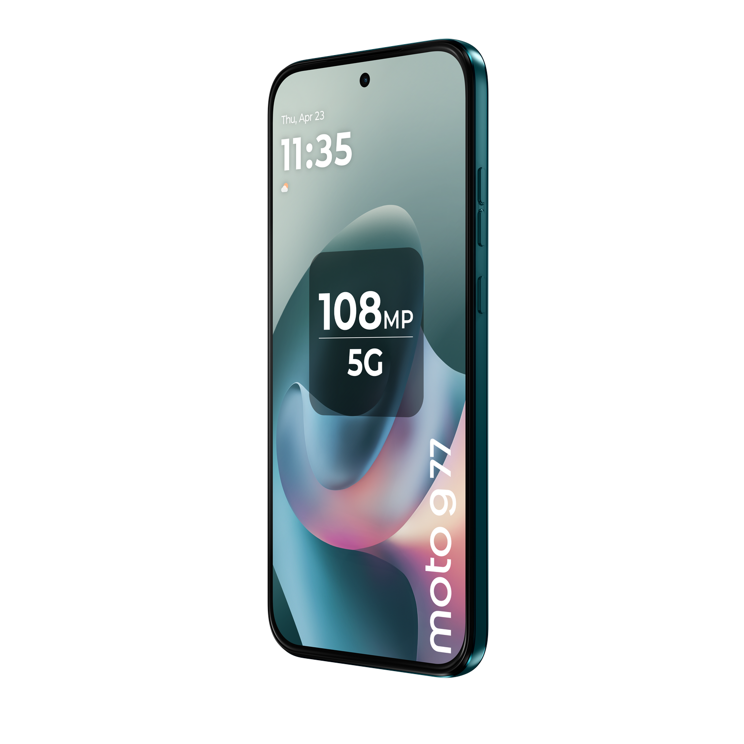 Un smartphone Moto G77 verde que muestra 108MP y 5G.