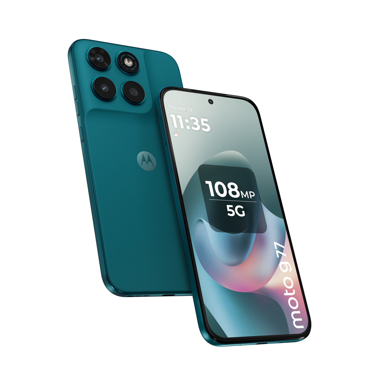 Un Motorola Moto G 77 5G turquesa con cámara de 108 MP, mostrado sobre negro.