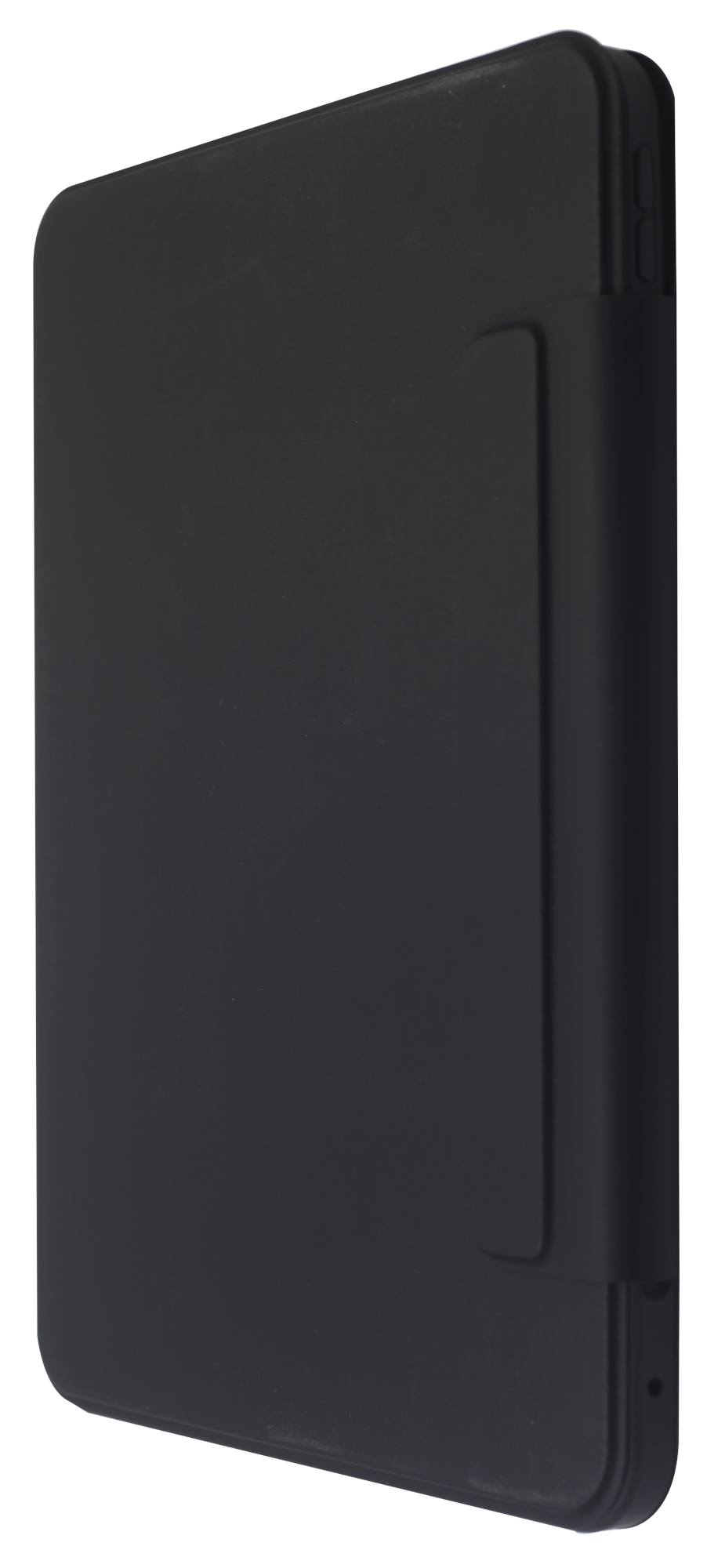 Egy fekete tablet tokkal, oldalról nézve.