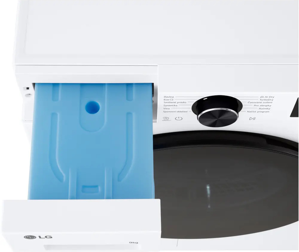 Biała pralka LG z niebieską szufladą na detergent, panelem sterowania i iluminatorem.