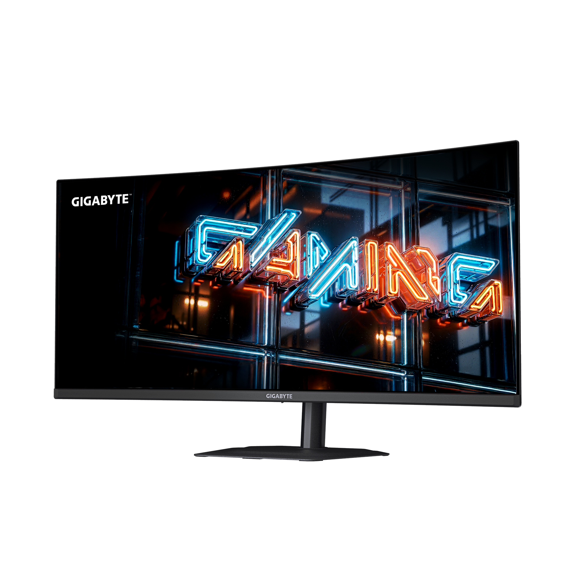 Ein GIGABYTE-Monitor mit „GAMING“-Neonlicht-Schriftzug auf dem Bildschirm.