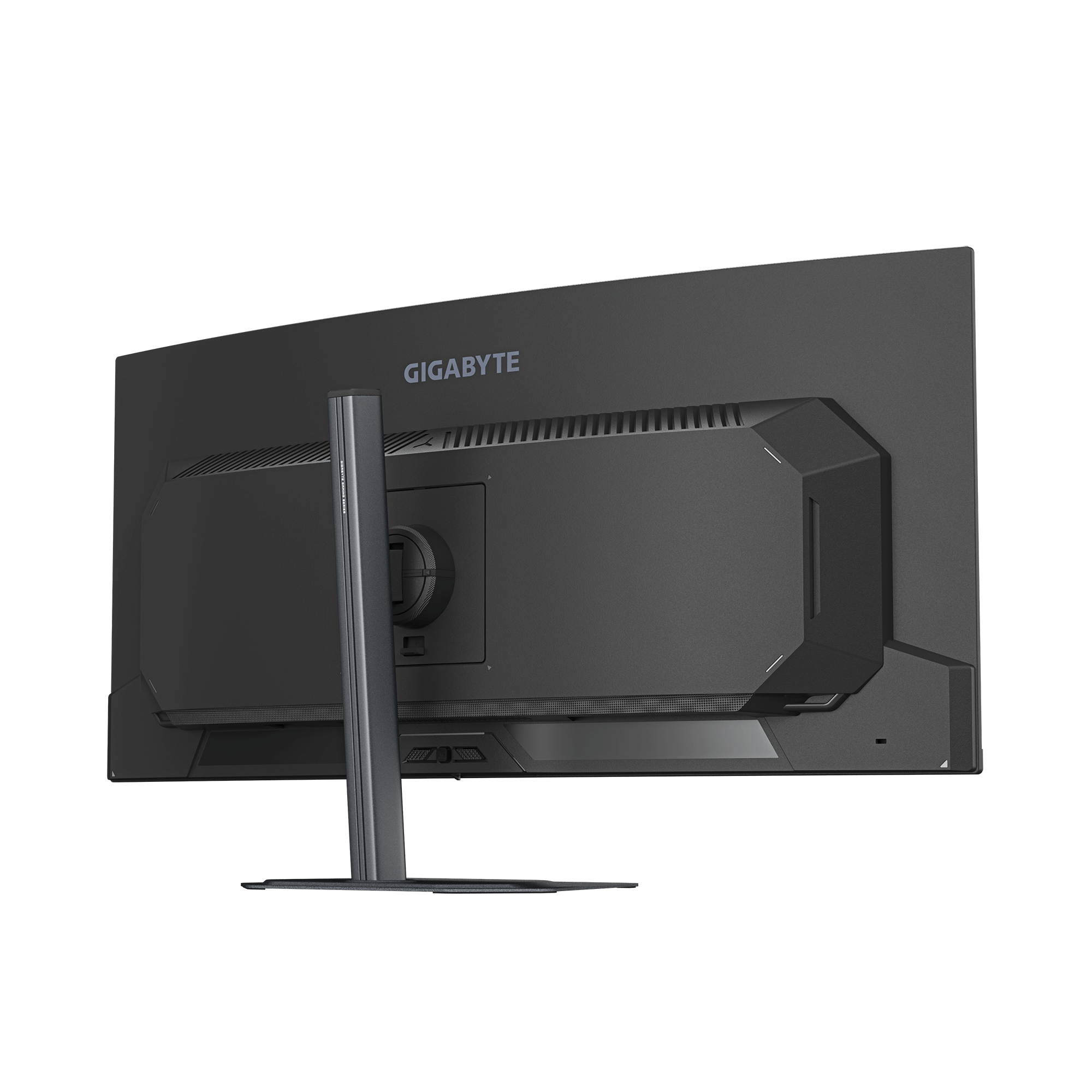Rückseite eines schwarzen GIGABYTE Monitors auf schwarzem Hintergrund.
