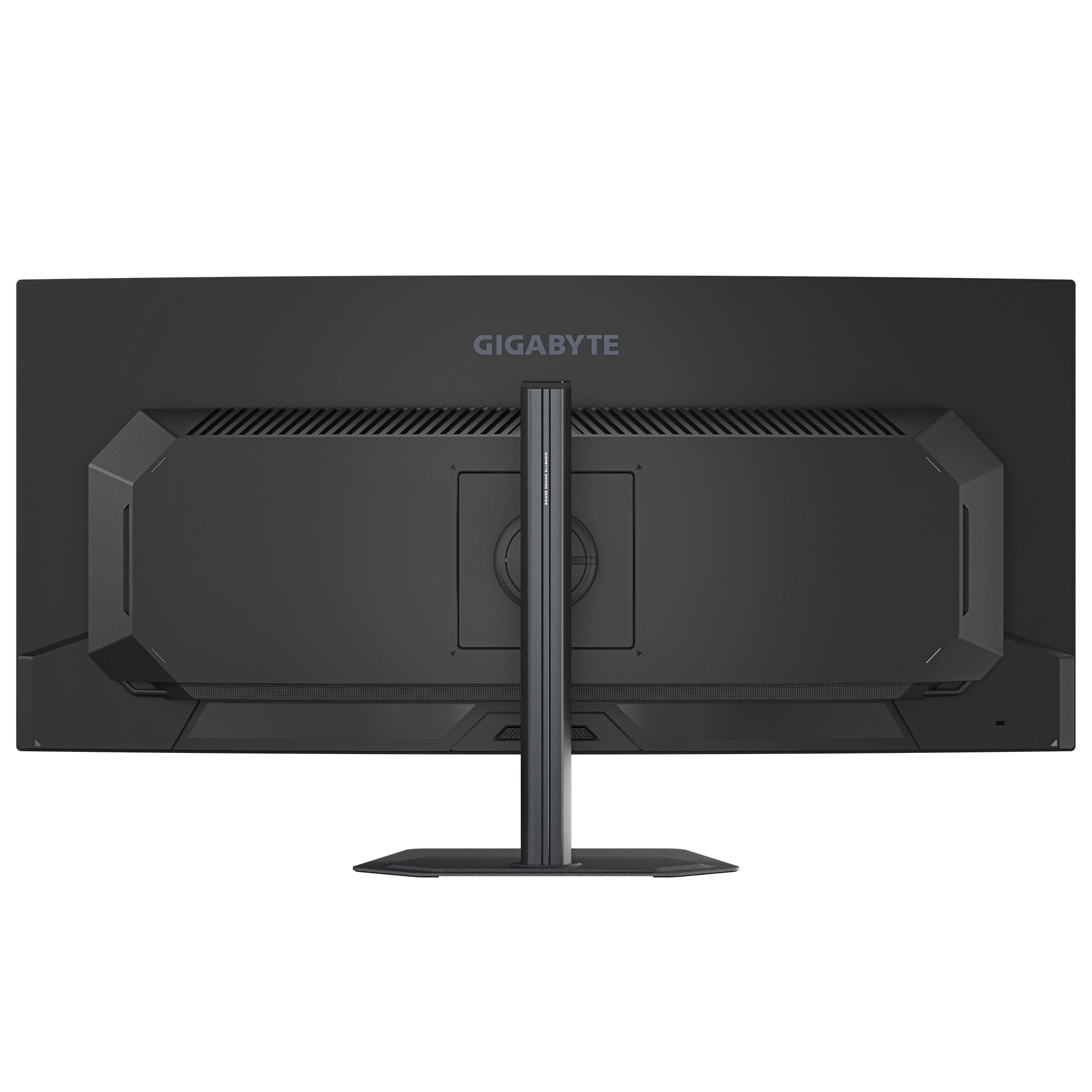 Rückseite eines schwarzen GIGABYTE Monitors mit Ständer auf schwarzem Hintergrund.
