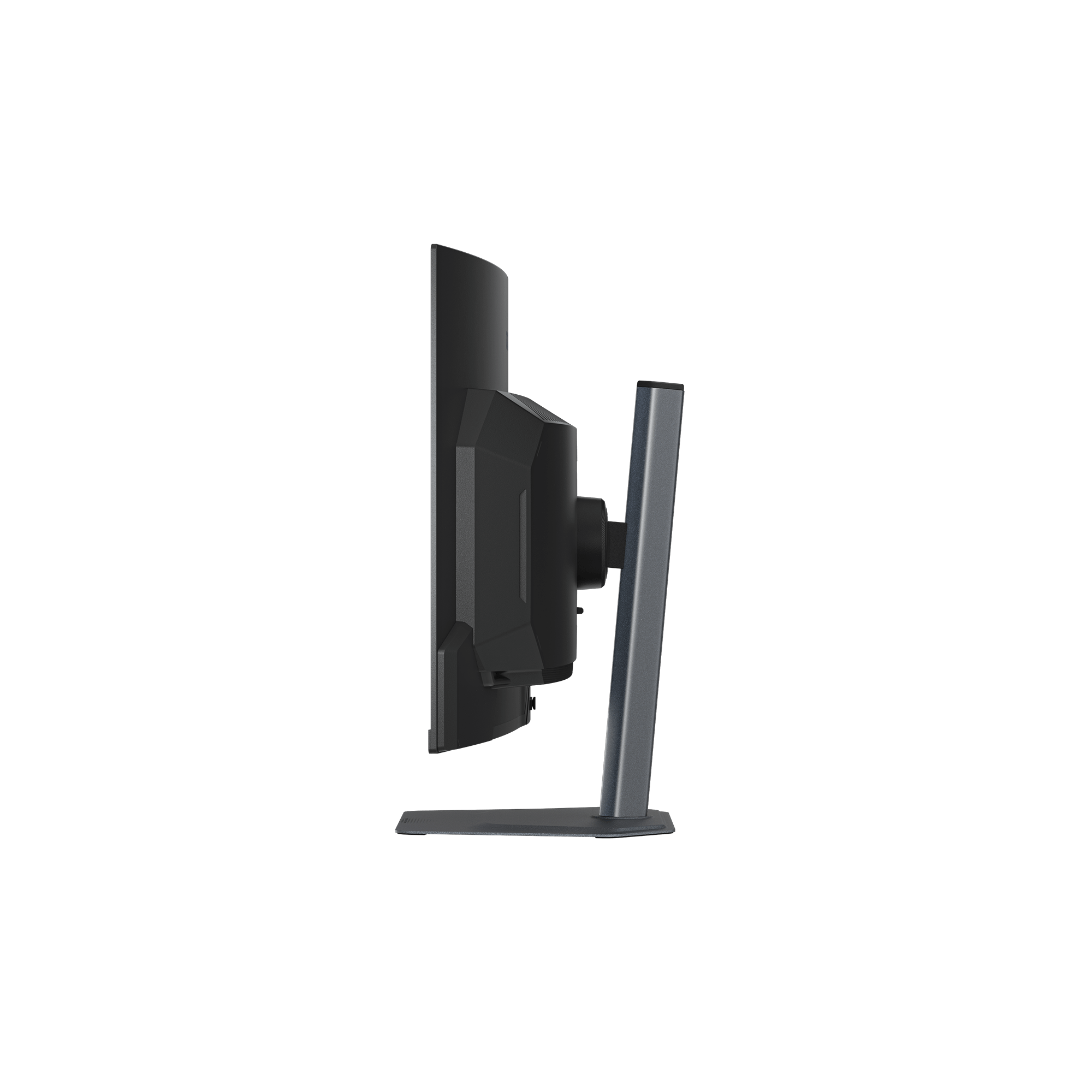 Seitliche Ansicht eines schwarzen Monitors mit silbernem Ständer auf schwarzem Hintergrund.