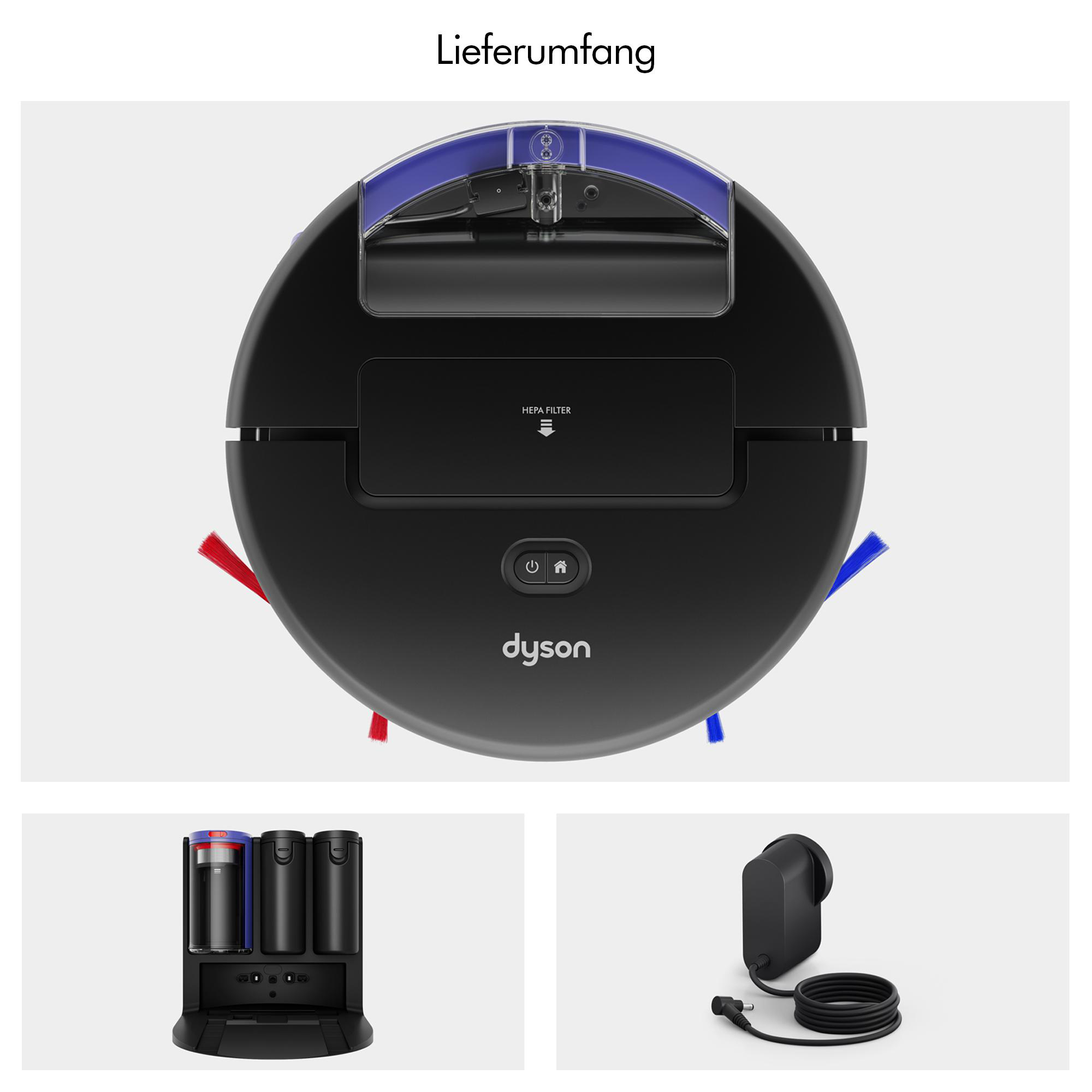 Schwarzer Saugroboter mit blauen und roten Bürsten. Zubehör: Ladestation und Netzteil.