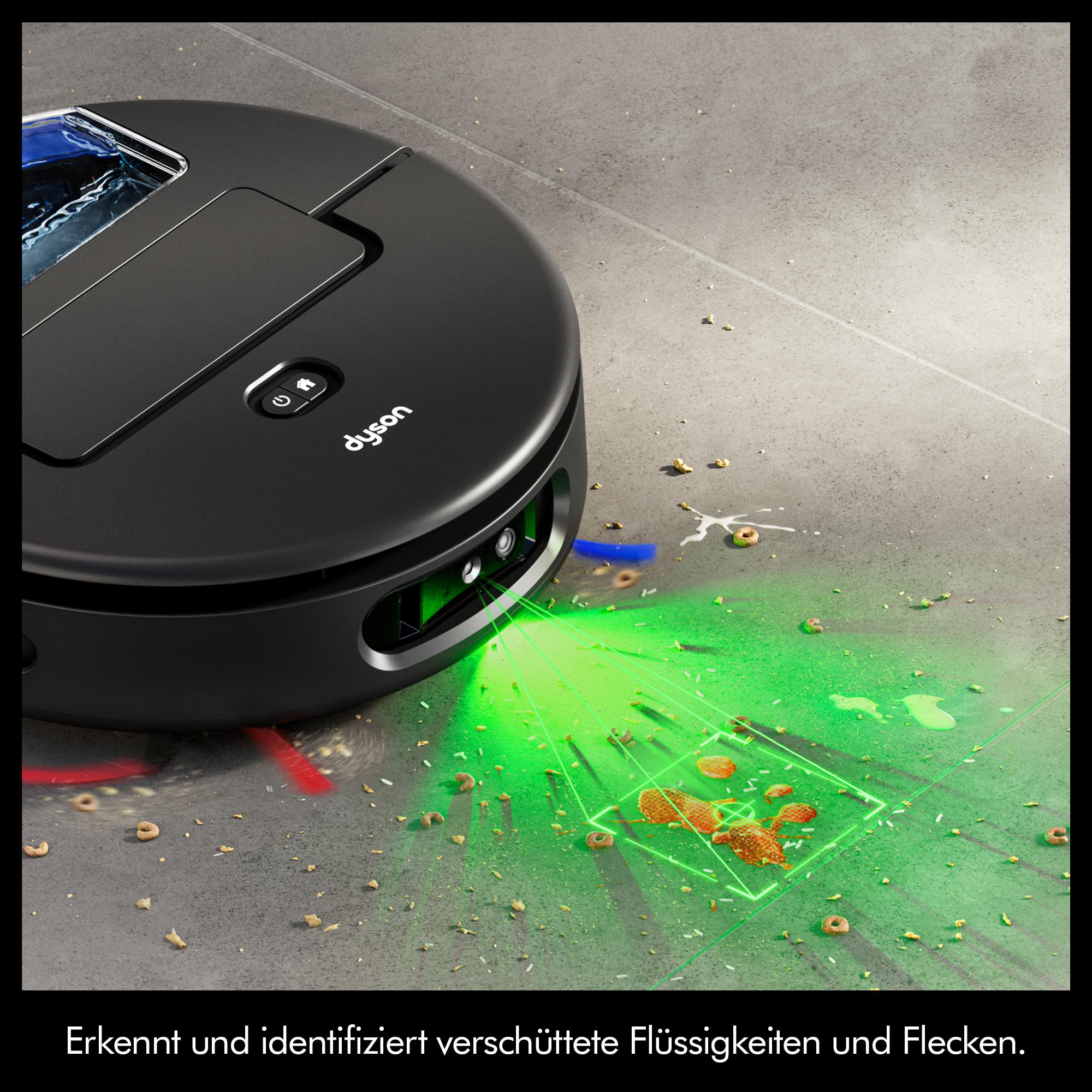 Schwarzer Saugroboter erkennt verschüttete Lebensmittel und Flüssigkeiten auf dem Boden.