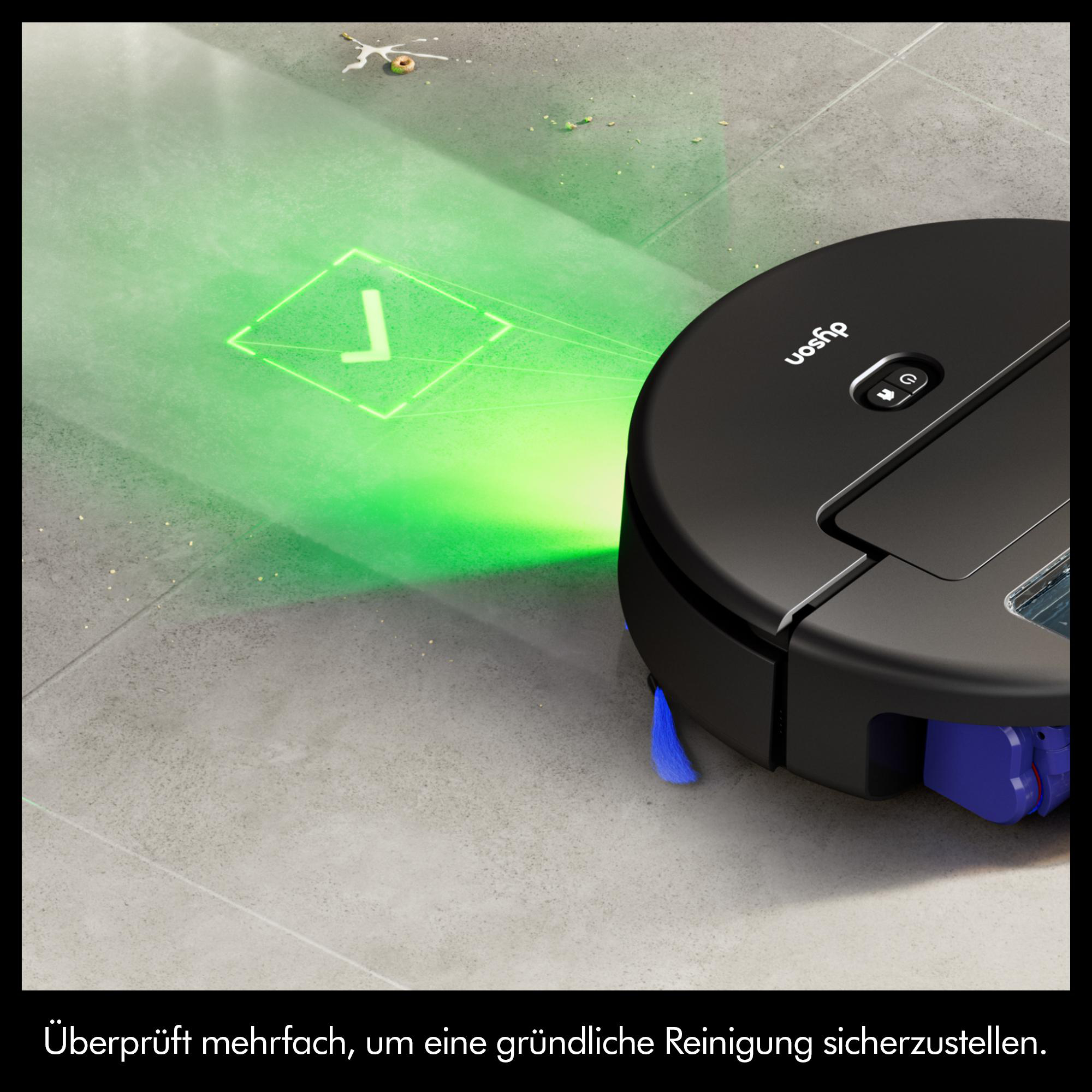 Schwarzer Saugroboter mit grüner Lasernavigation auf Betonboden.