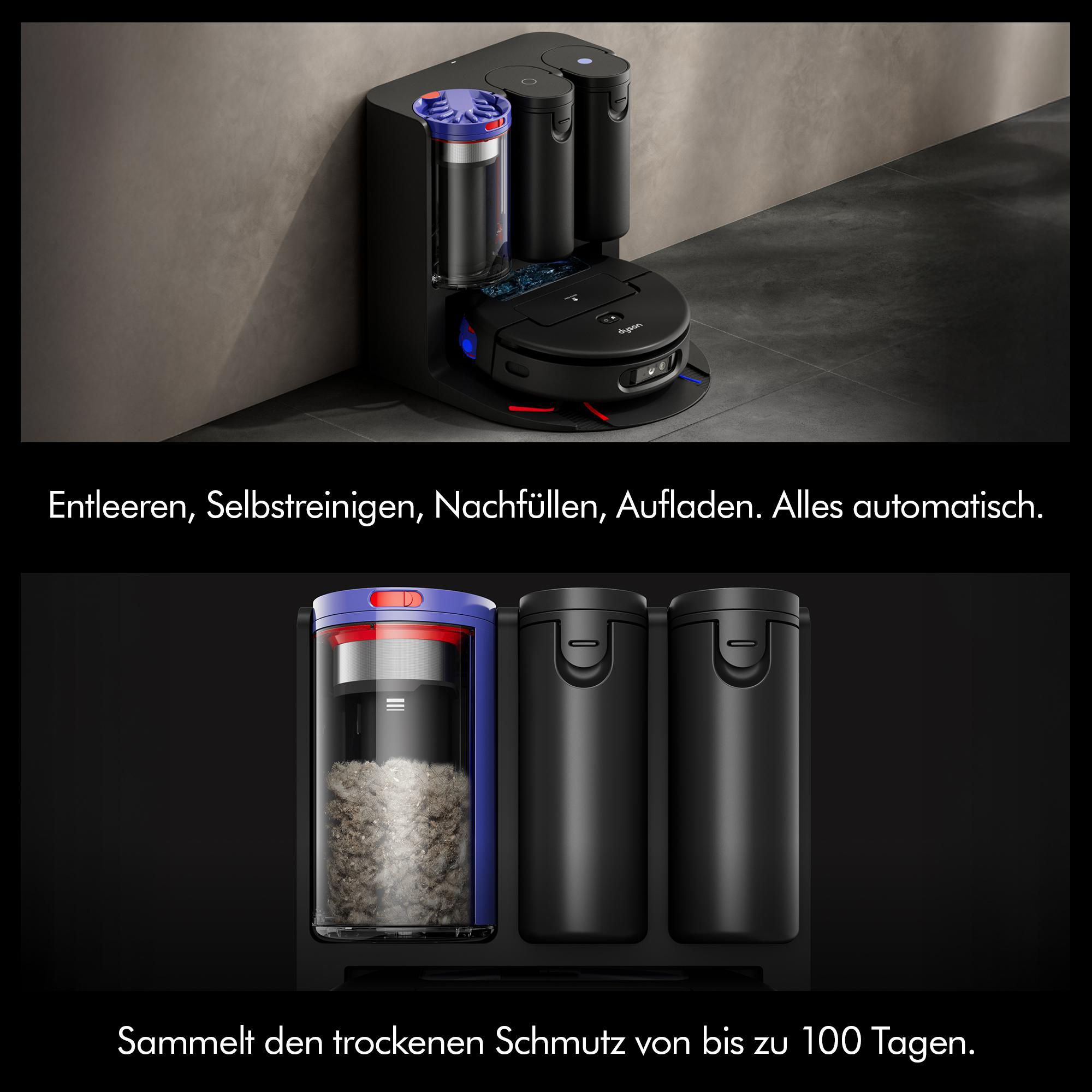 Ein Dyson Saugroboter mit Ladestation, die Staubbehälter leert und reinigt.
