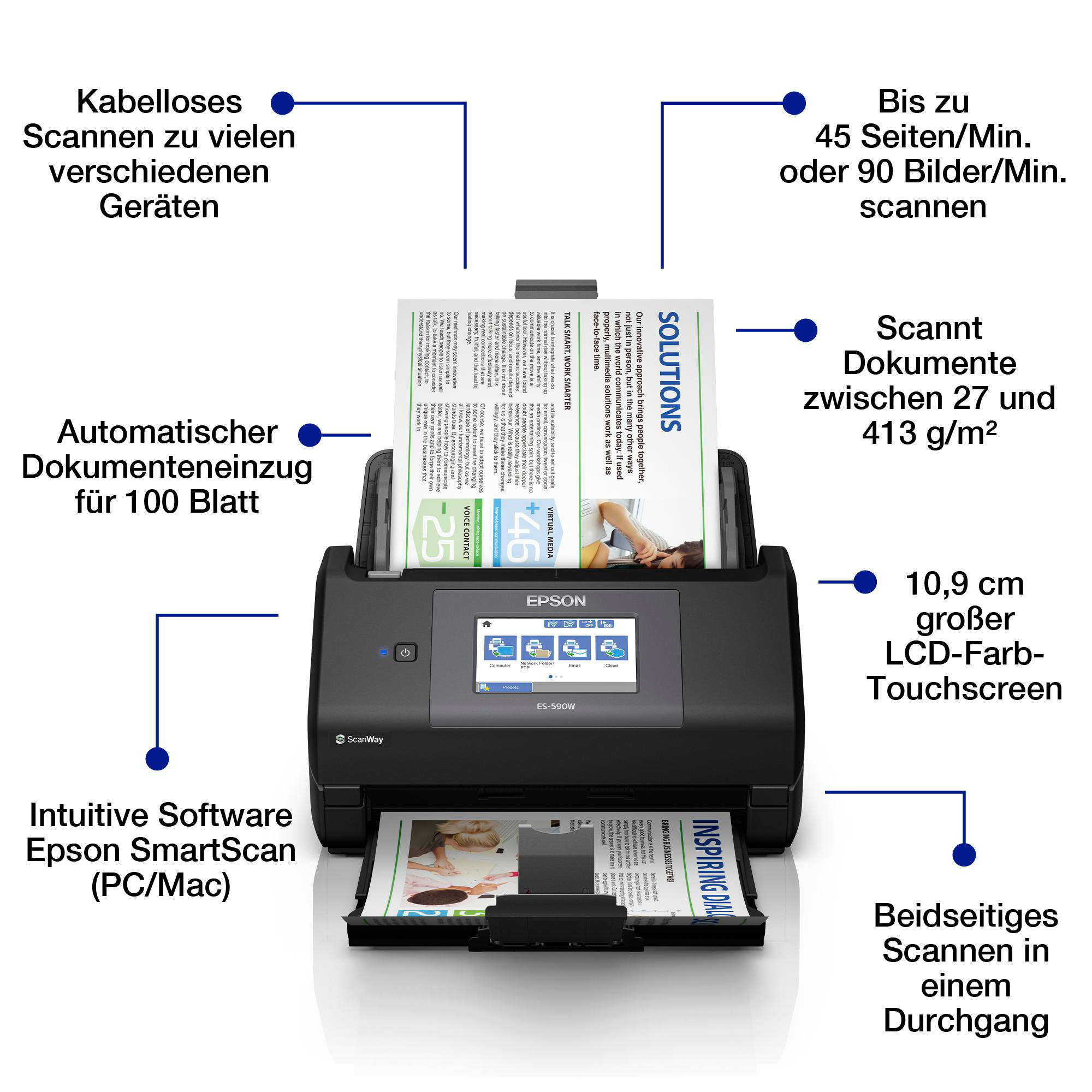 Epson ES-590W Scanner: Kabellos, 45 S/Min, 100 Blatt ADF, 10,9cm Touchscreen.