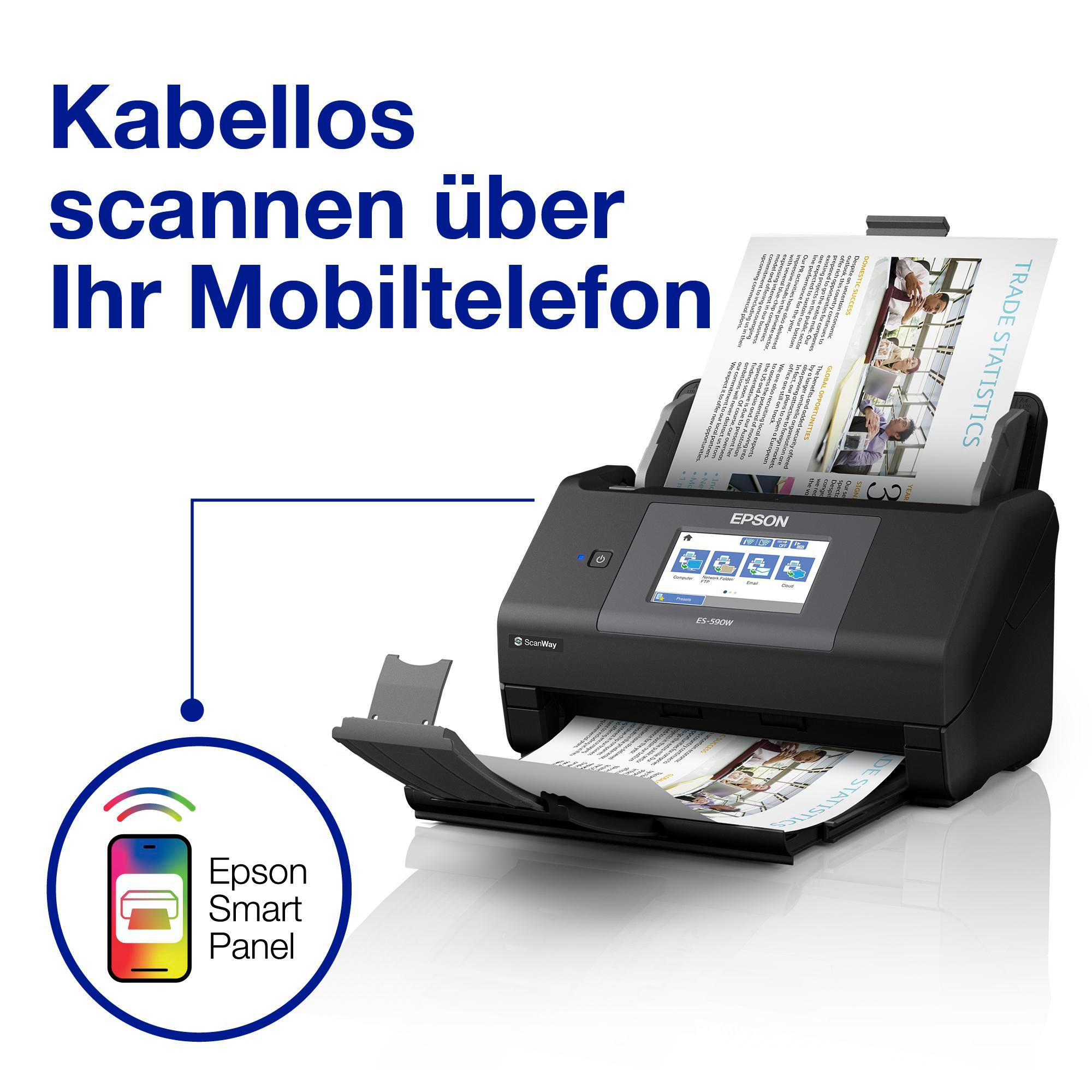 Ein Epson ES-590W Scanner mit Dokumenten und einem Smartphone-Symbol mit "Epson Smart Panel".