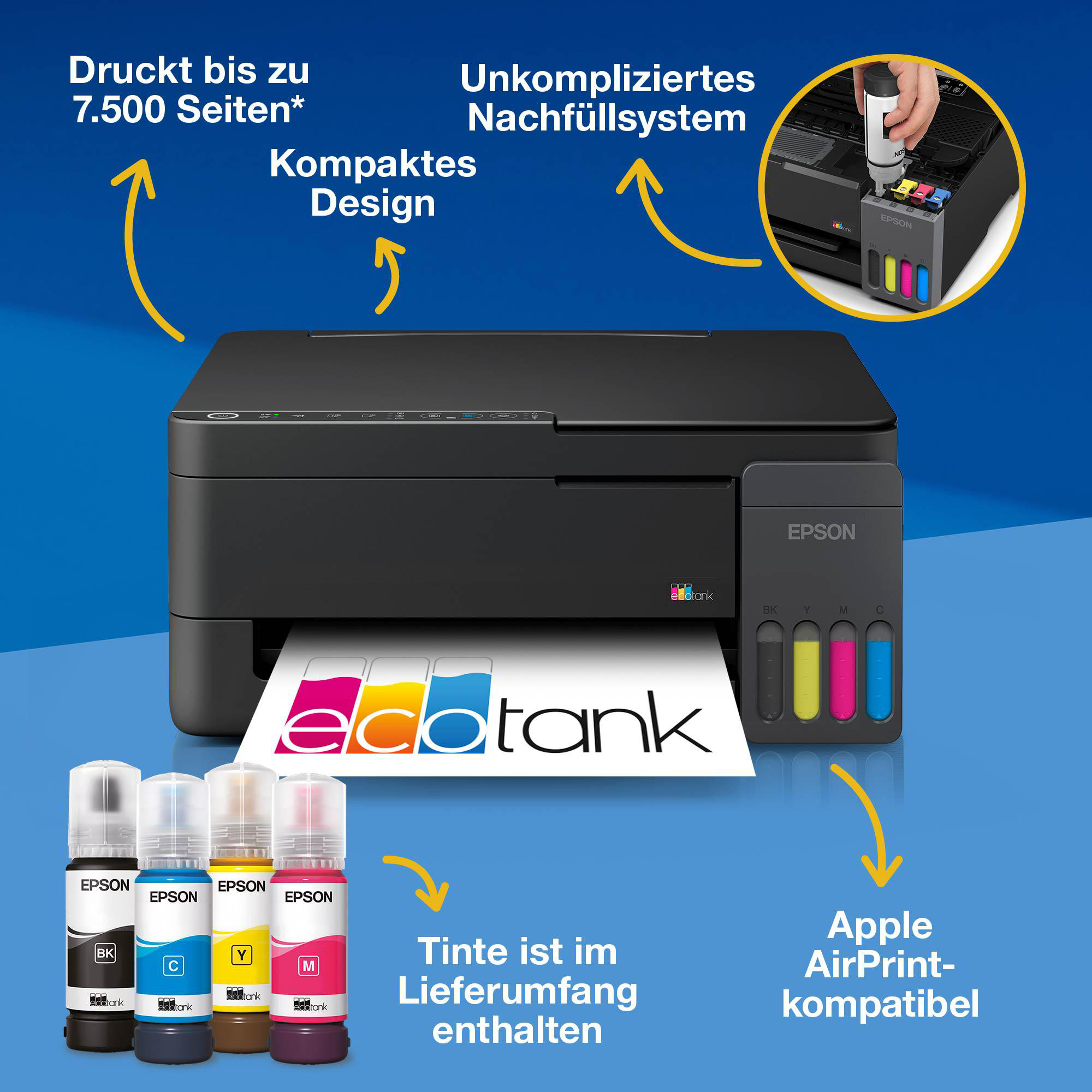 Epson EcoTank Drucker mit Nachfülltinten. Kompakt, AirPrint-kompatibel.