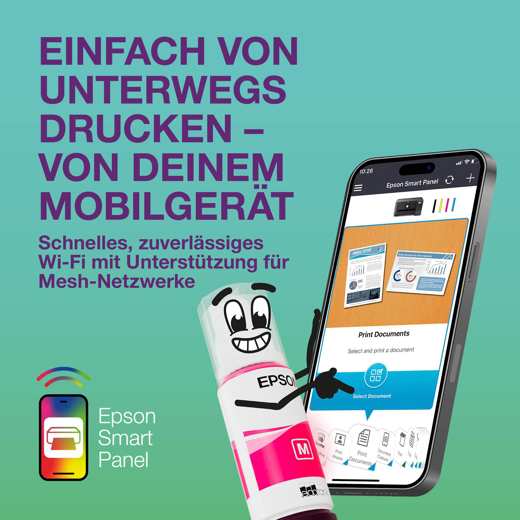 Epson Smart Panel App auf einem Smartphone mit Drucker-Symbol und Text.