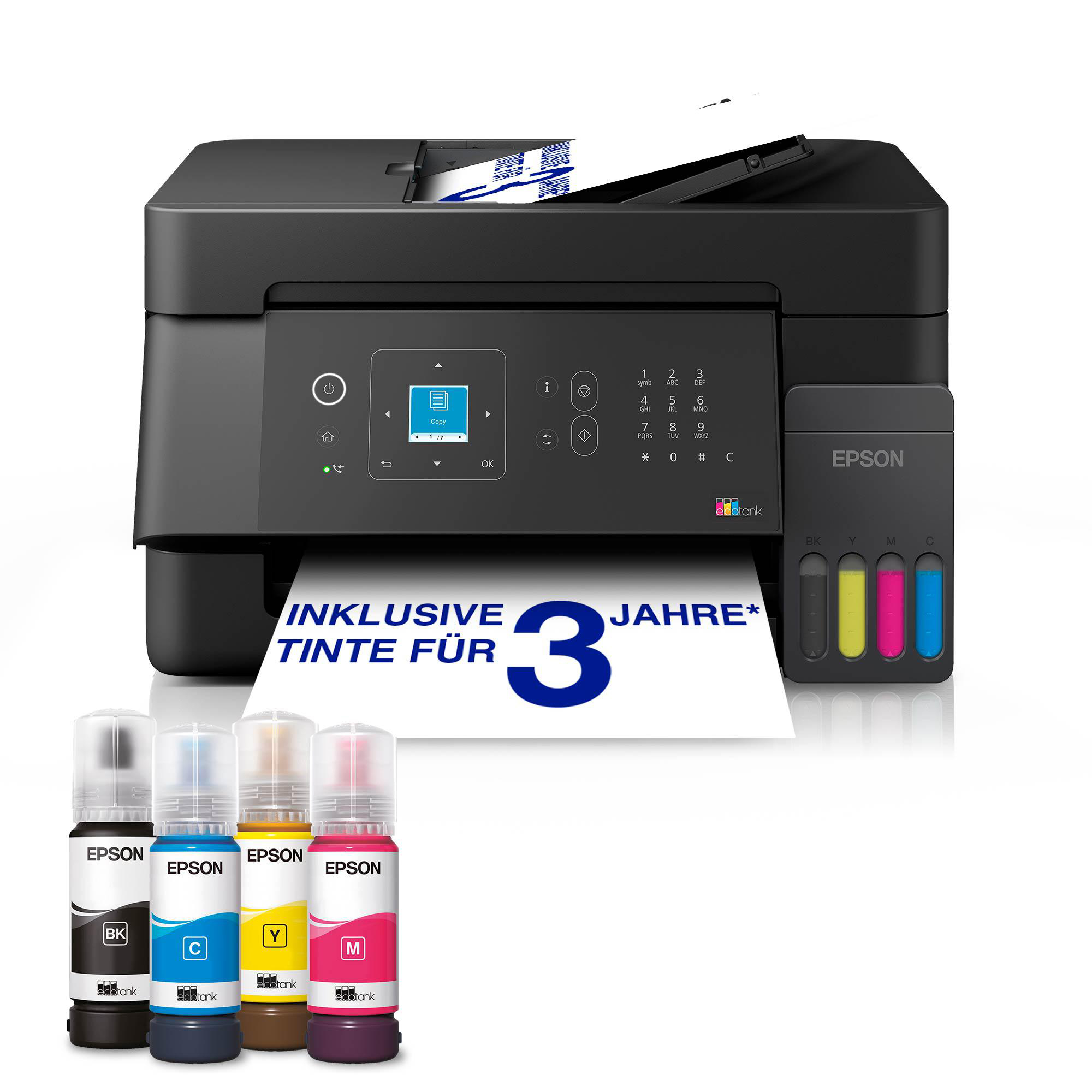 Ein schwarzer Epson EcoTank Drucker mit vier Tintenflaschen: Schwarz, Cyan, Gelb, Magenta.