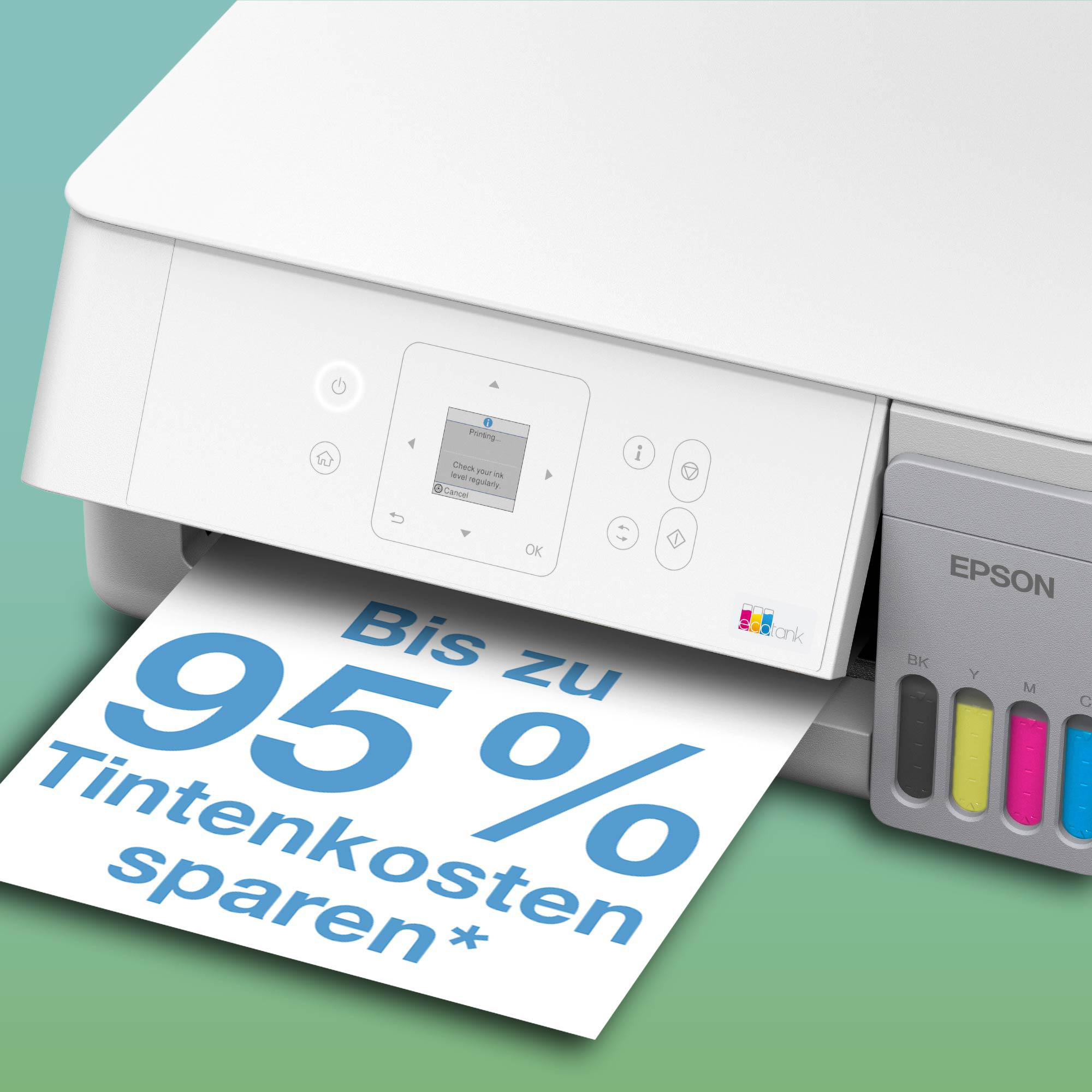 Ein weißer Epson-Drucker druckt ein Blatt mit "Bis zu 95% Tintenkosten sparen".