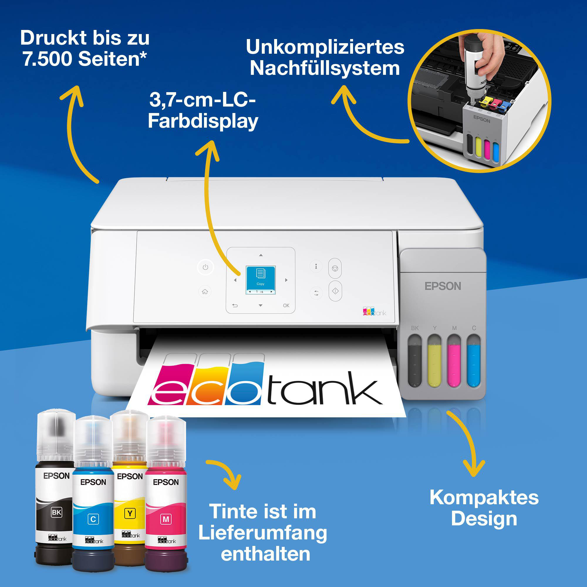Epson EcoTank Drucker mit Farbdisplay, Tintenflaschen und Nachfüllsystem.