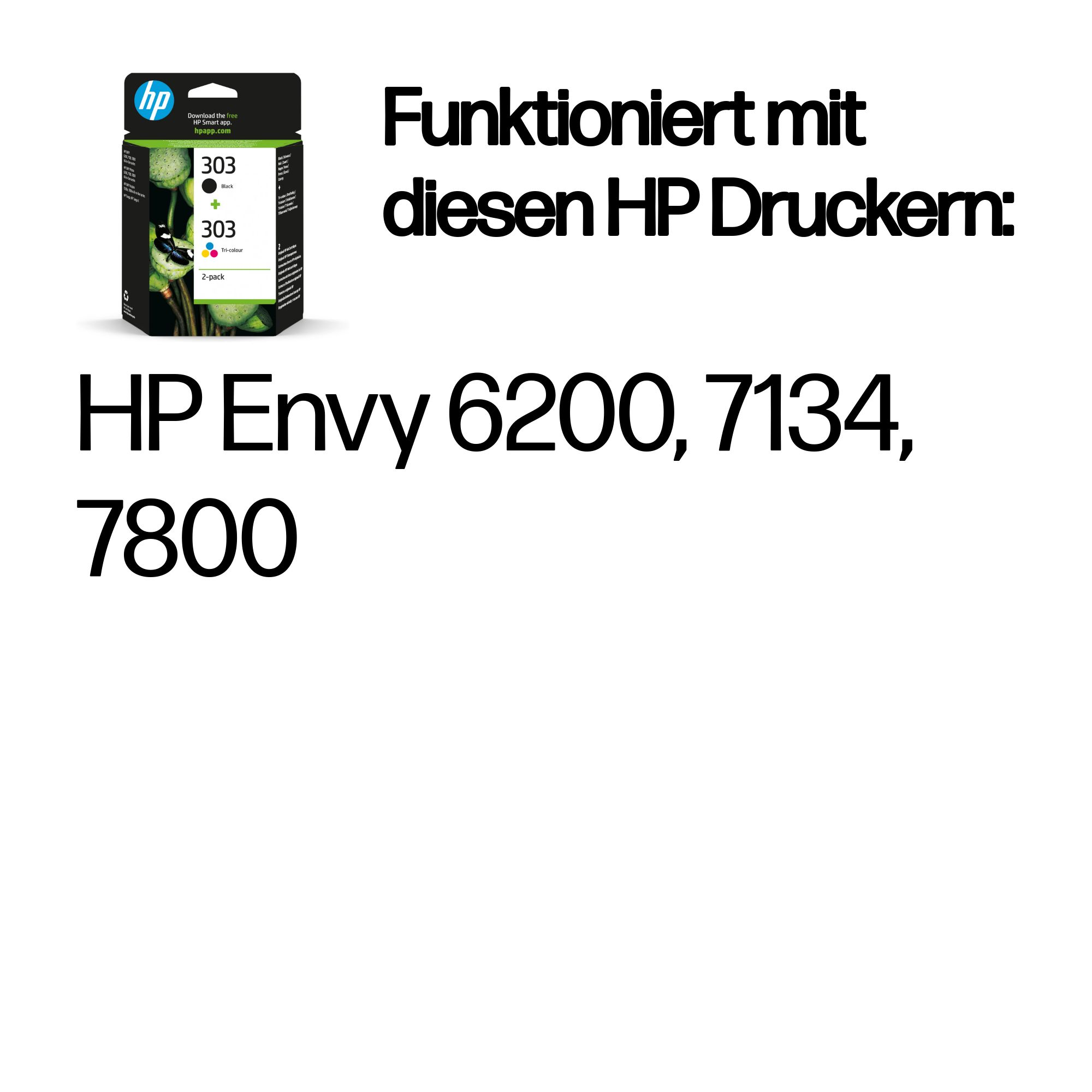 HP 303 Tintenpatronen, schwarz und dreifarbig, 2er-Pack, für HP Envy Drucker.