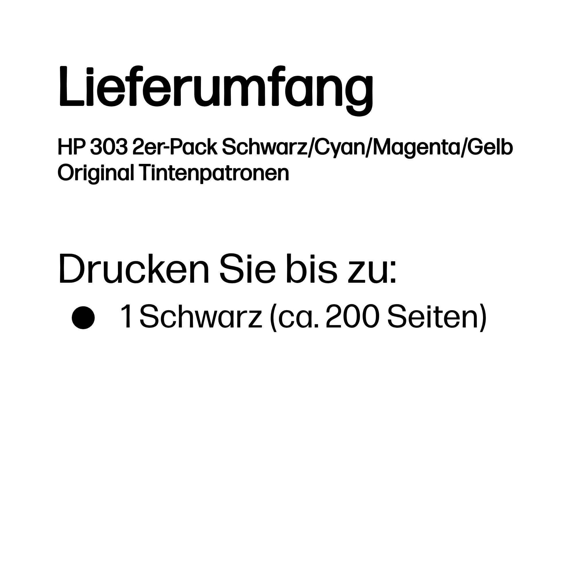Lieferumfang: HP 303 2er-Pack Tintenpatronen. Drucken Sie bis zu 200 Seiten schwarz.