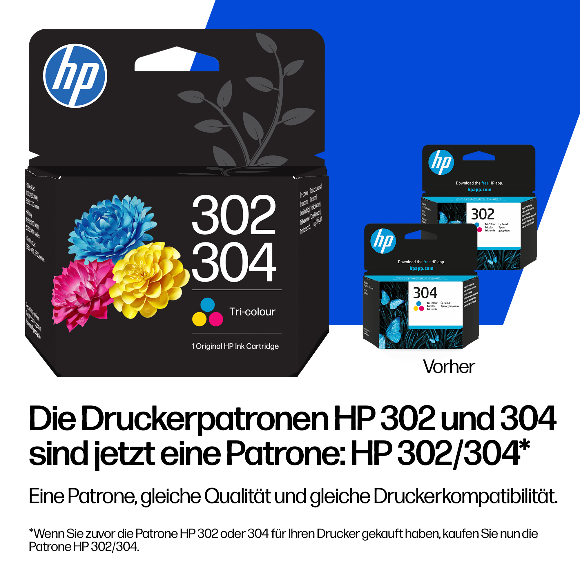 HP Druckerpatronen 302 und 304 im Dreifarbenformat mit Blumen und Schmetterlingen.