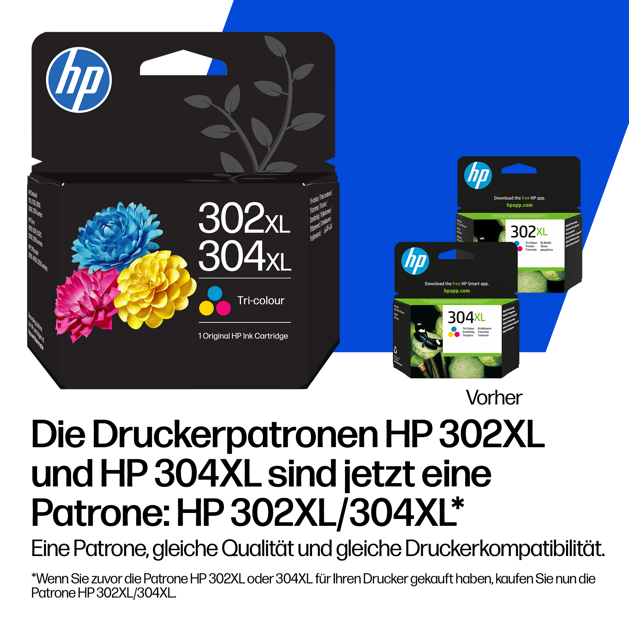 HP 302XL und 304XL Druckerpatronen im Karton und als Einzelpatronen.