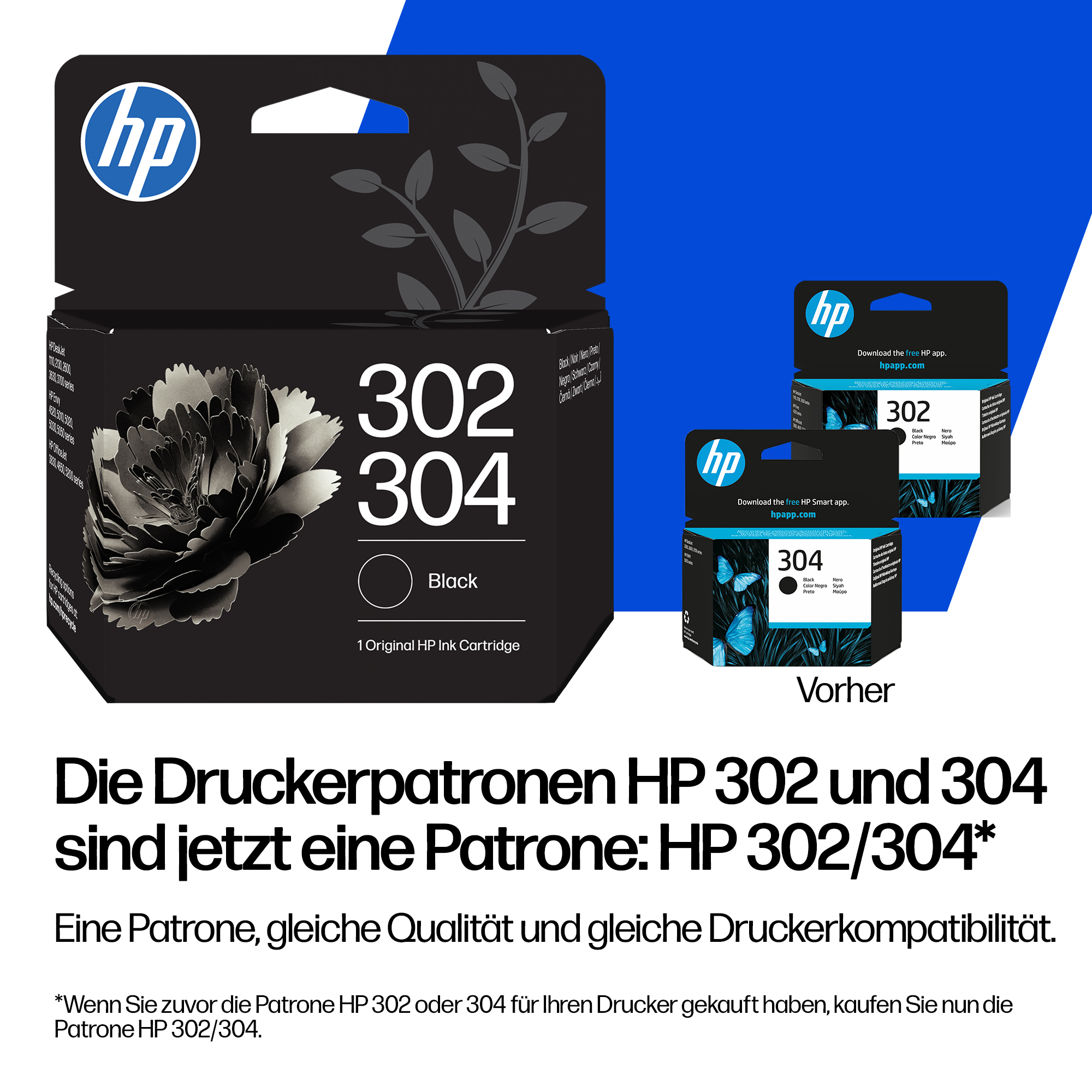 HP Druckerpatronen 302 und 304 sind jetzt eine Patrone: HP 302/304.