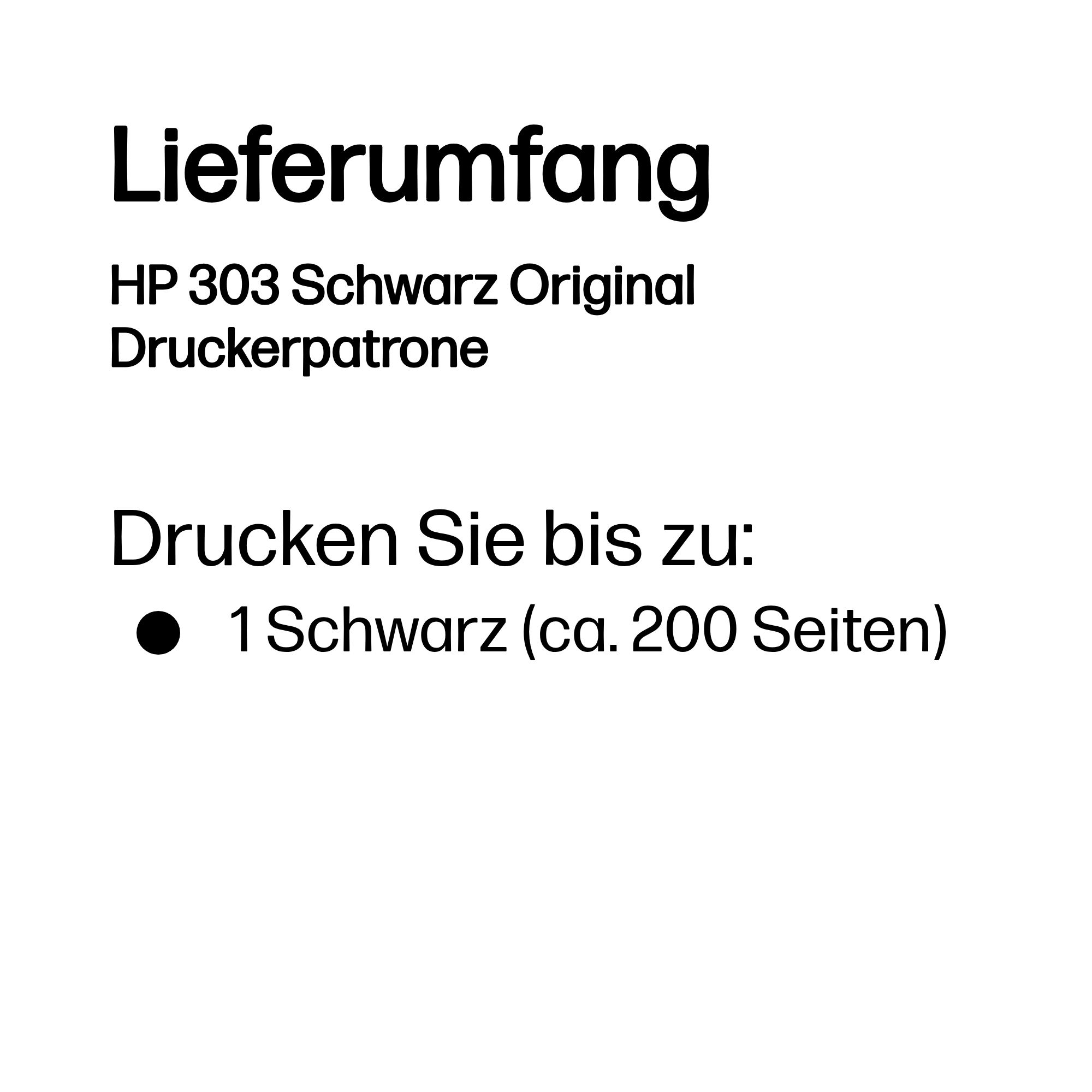 Lieferumfang: HP 303 Schwarz Original Druckerpatrone. Drucken Sie bis zu: 1 Schwarz (ca. 200 Seiten).
