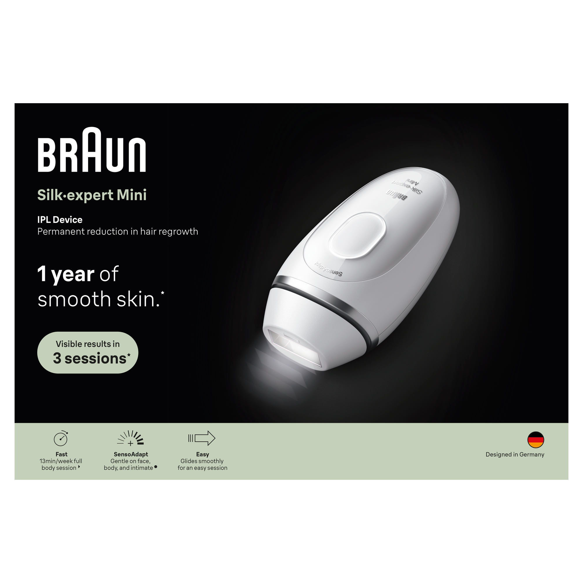 Braun Silk-expert Mini IPL készülék a hajnövekedéshez. Fehér készülék fekete háttéren.