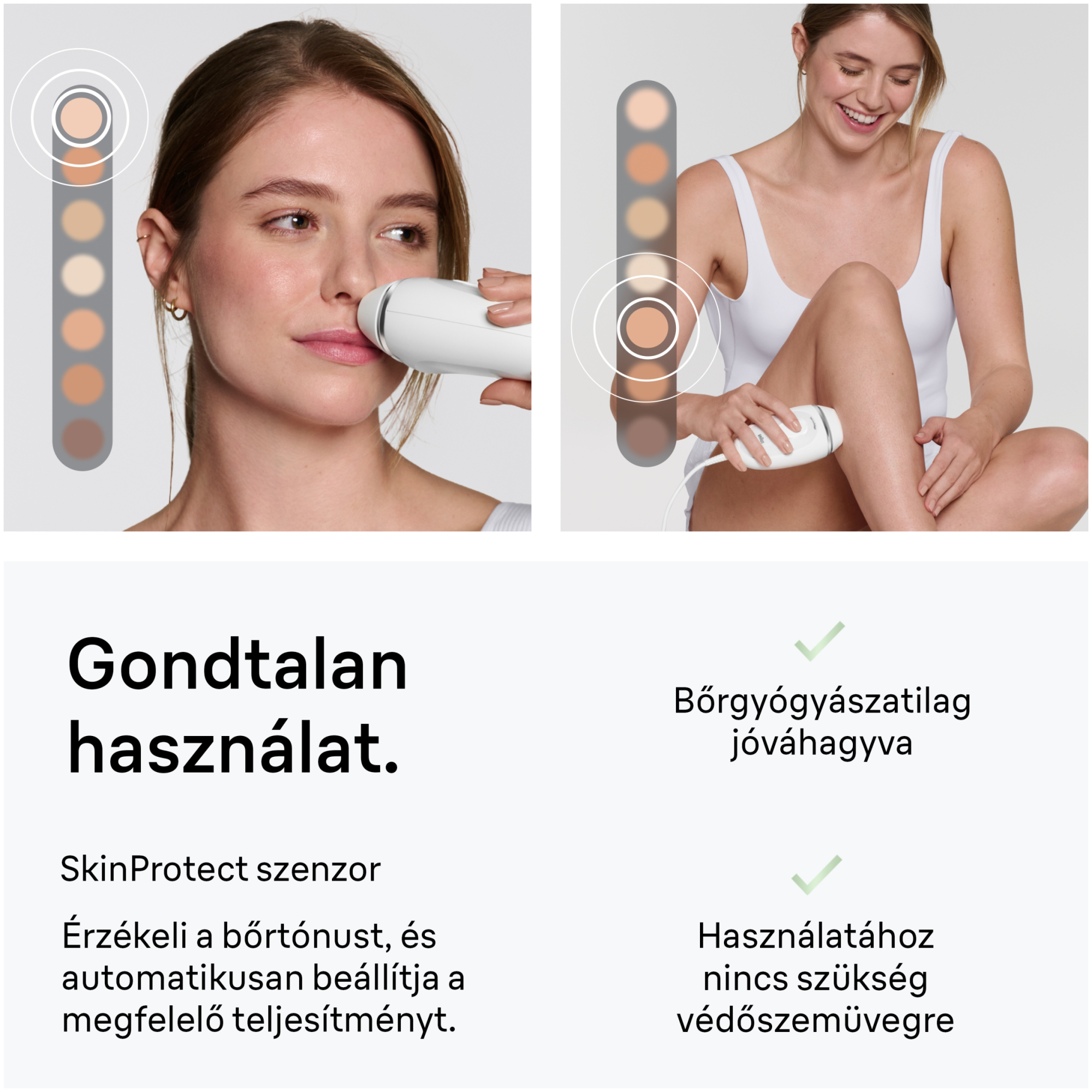 Két nő IPL-készülékkel, bőrtónus-kijelzővel és szöveggel. SkinProtect szenzor.